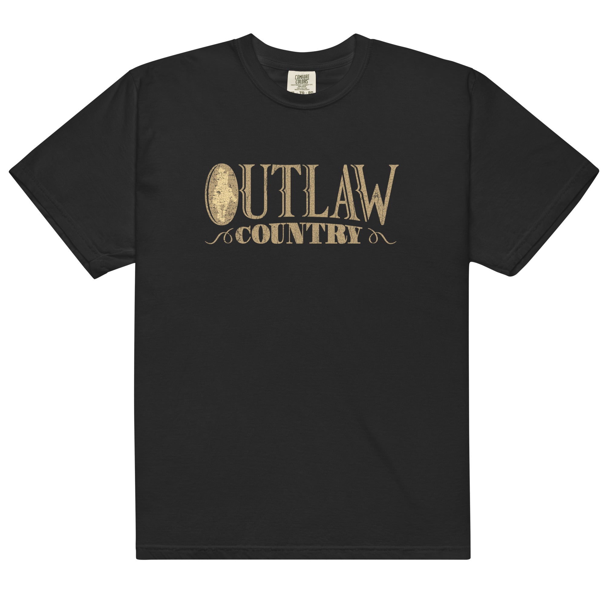 Flat lay of the black T-shirt showing the full front design. The words 'OUTLAW COUNTRY' are printed in large, distressed gold type, with an ornate underline under 'COUNTRY'. The 'O' in 'OUTLAW' is replaced by a distressed gold oval emblem with a cowboy on horseback.