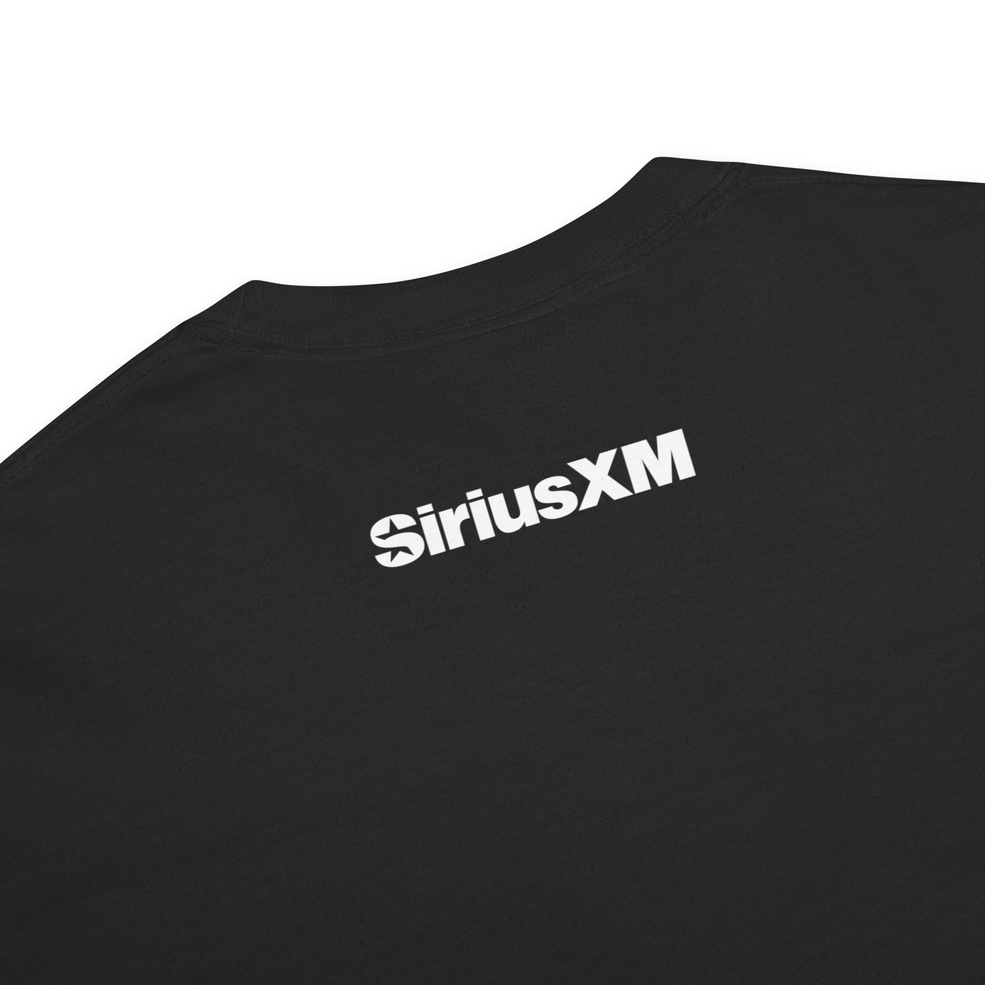 Close-up of the back neck area of a black T-shirt displaying the white 'SiriusXM' logo.