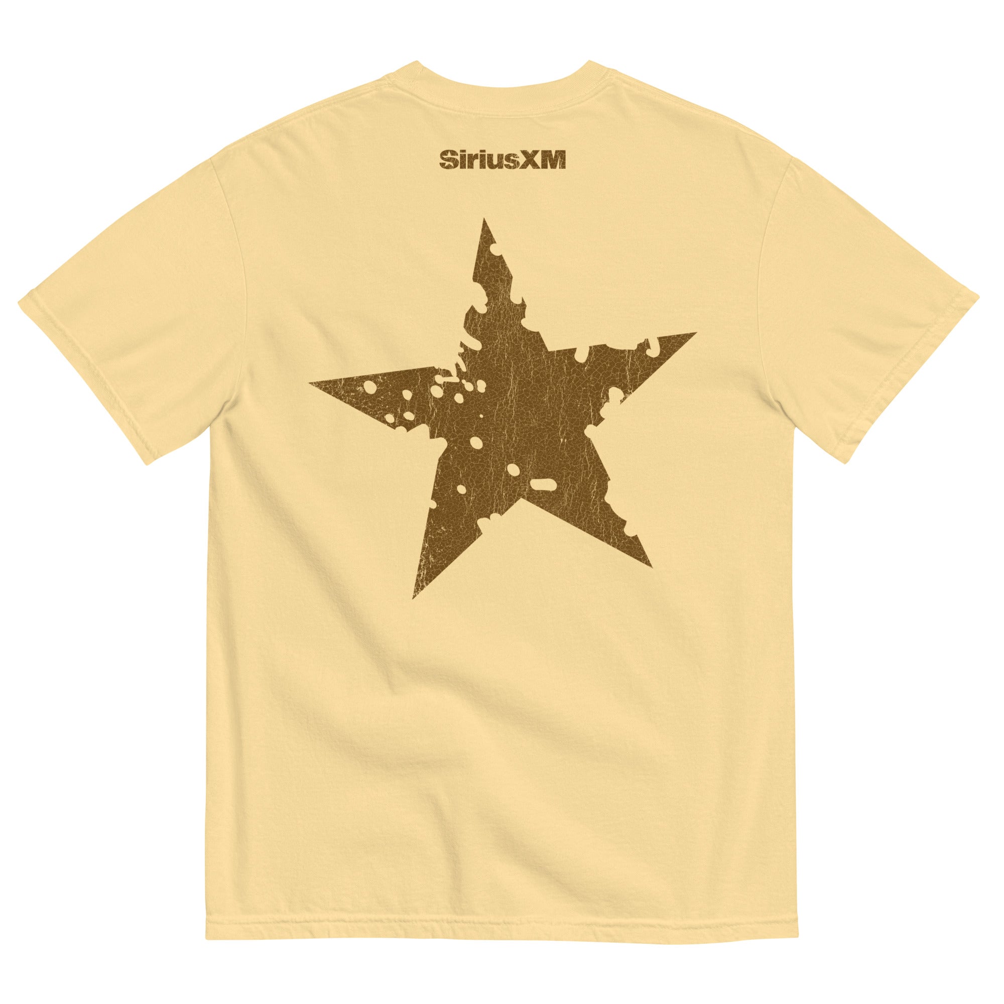 Back view of a pale yellow T-shirt featuring a large distressed brown star graphic centered between the shoulder blades, with ‘SiriusXM’ printed above in matching brown text.