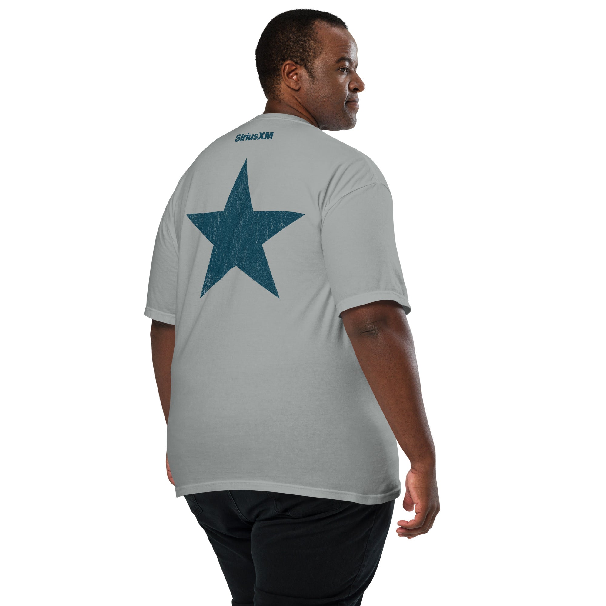 Man wearing a gray short-sleeve t-shirt with the word 'SiriusXM' in blue at the upper back and a large distressed blue star centered below.