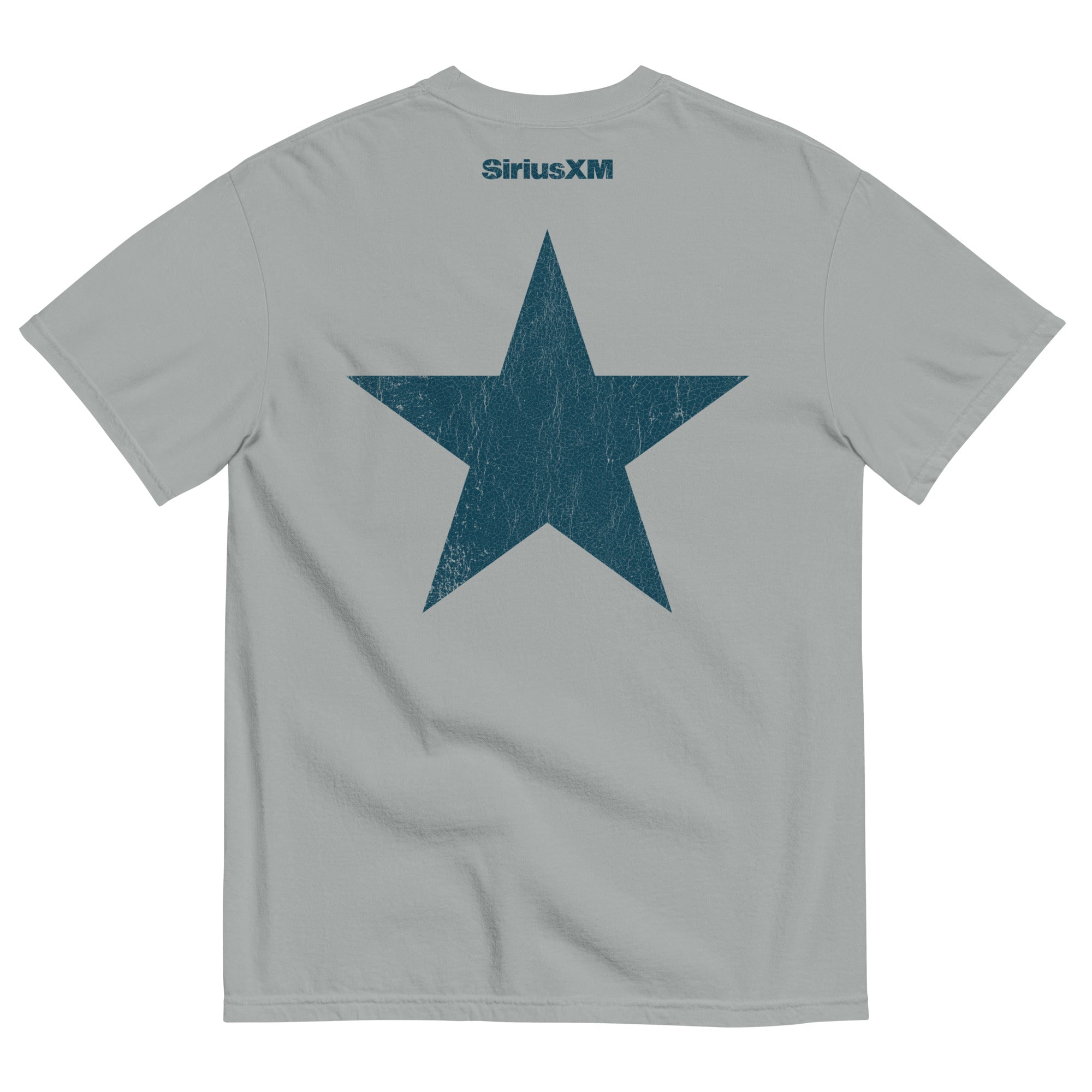 Gray short-sleeve t-shirt with the word 'SiriusXM' printed in blue across the upper back and a large distressed blue star centered below.