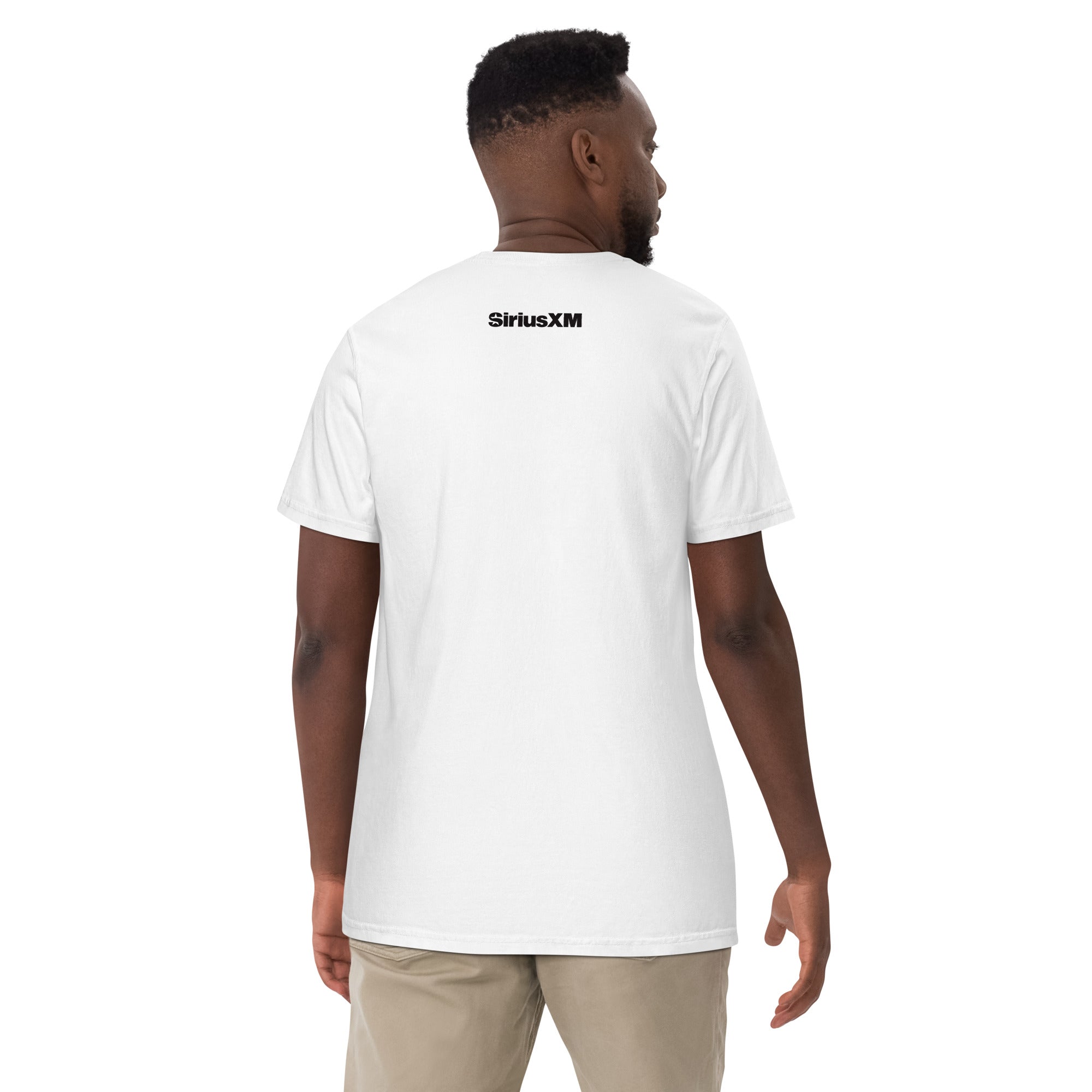 Back view of a male model wearing a white T-shirt with a black 'SiriusXM' logo printed at the upper back.