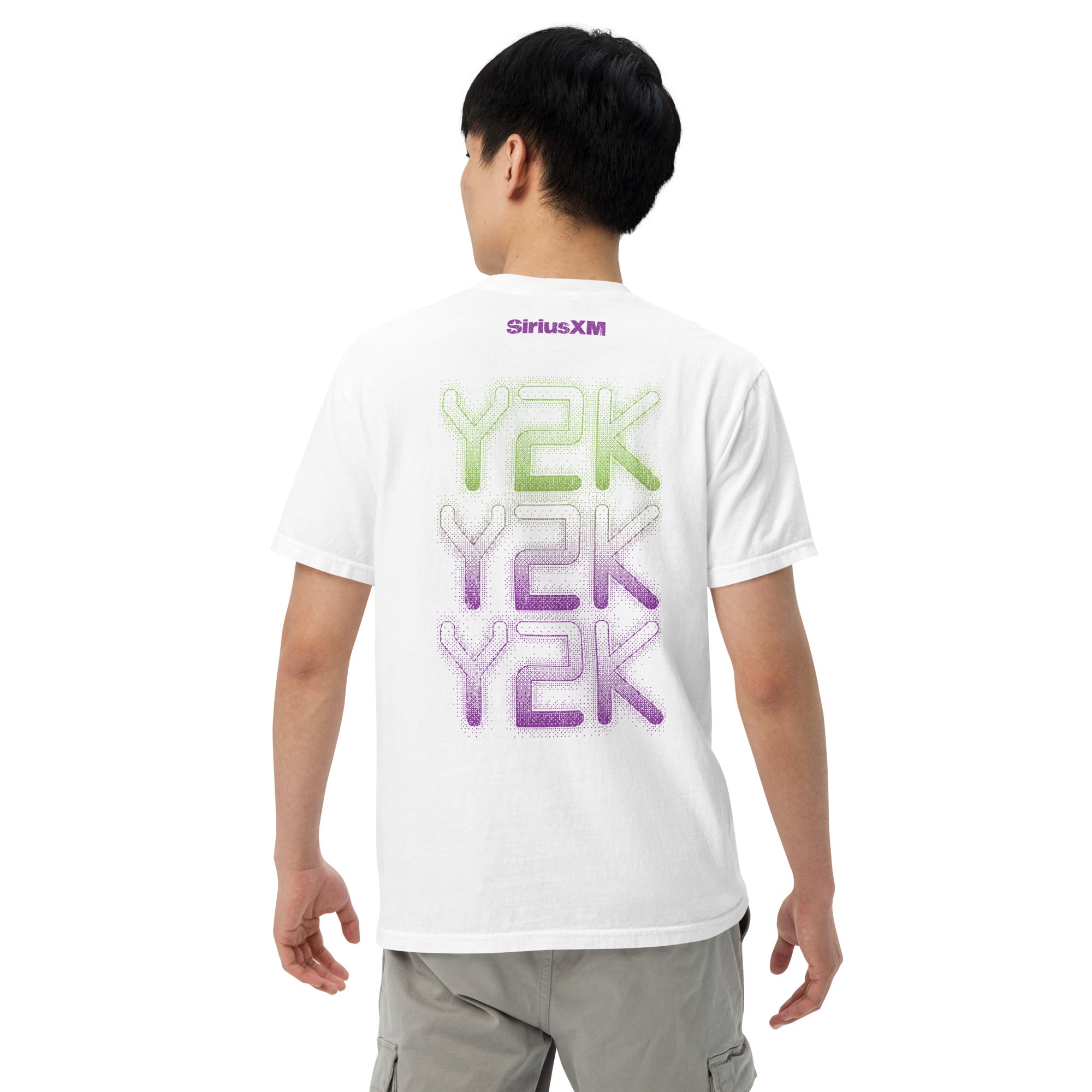 Back view of the same white T-shirt worn by a man, featuring the dotted triple 'Y2K' design in green to purple gradient and 'SiriusXM' logo above.