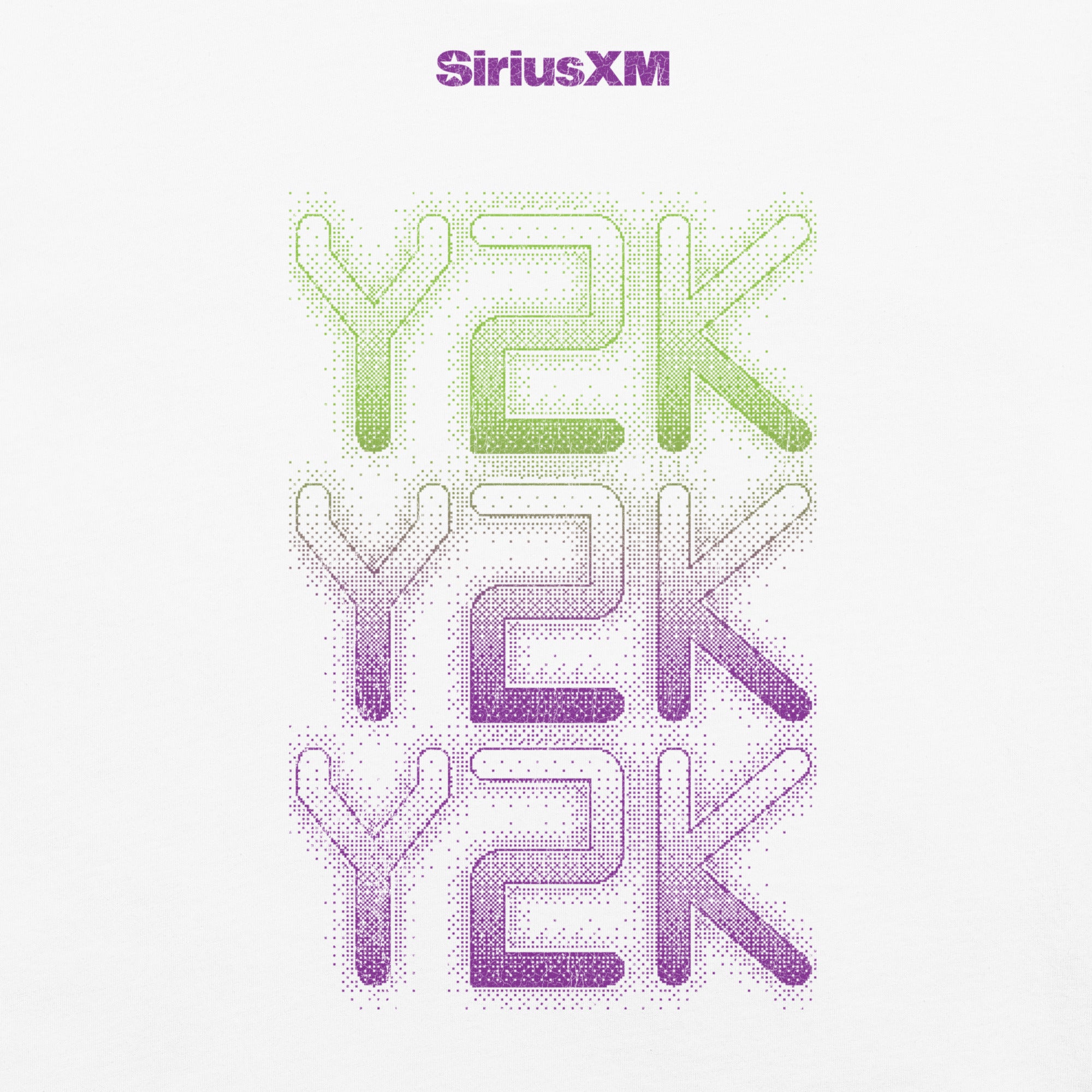 Back print of a white T-shirt featuring three vertically stacked 'Y2K' texts in a dotted gradient style, fading from green at the top to purple at the bottom, with 'SiriusXM' printed in solid purple at the top.