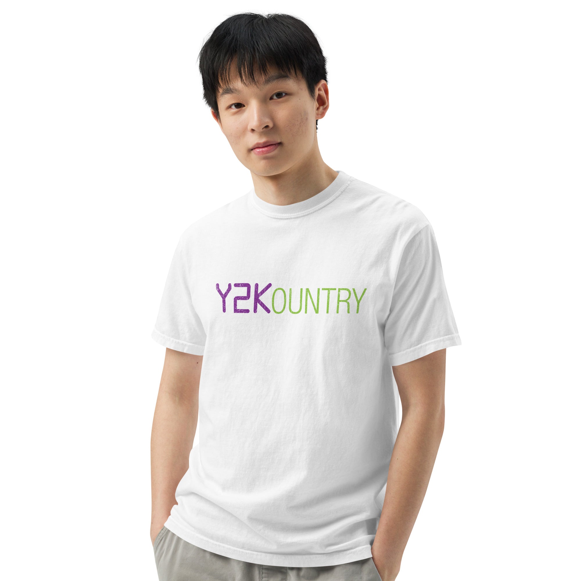 Front view of the same white T-shirt worn by a man, showing the 'Y2KOUNTRY' text in purple and green across the chest.