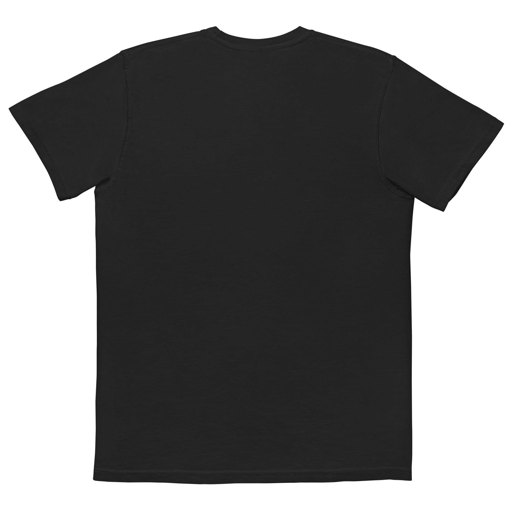 Flat lay of the back of the black pocket t-shirt with no design or print, displayed on a white background.