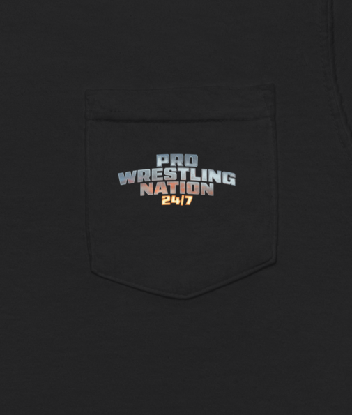 Close-up of the chest pocket on a black t-shirt, featuring the 'Pro Wrestling Nation 24/7' logo printed in metallic-style lettering.