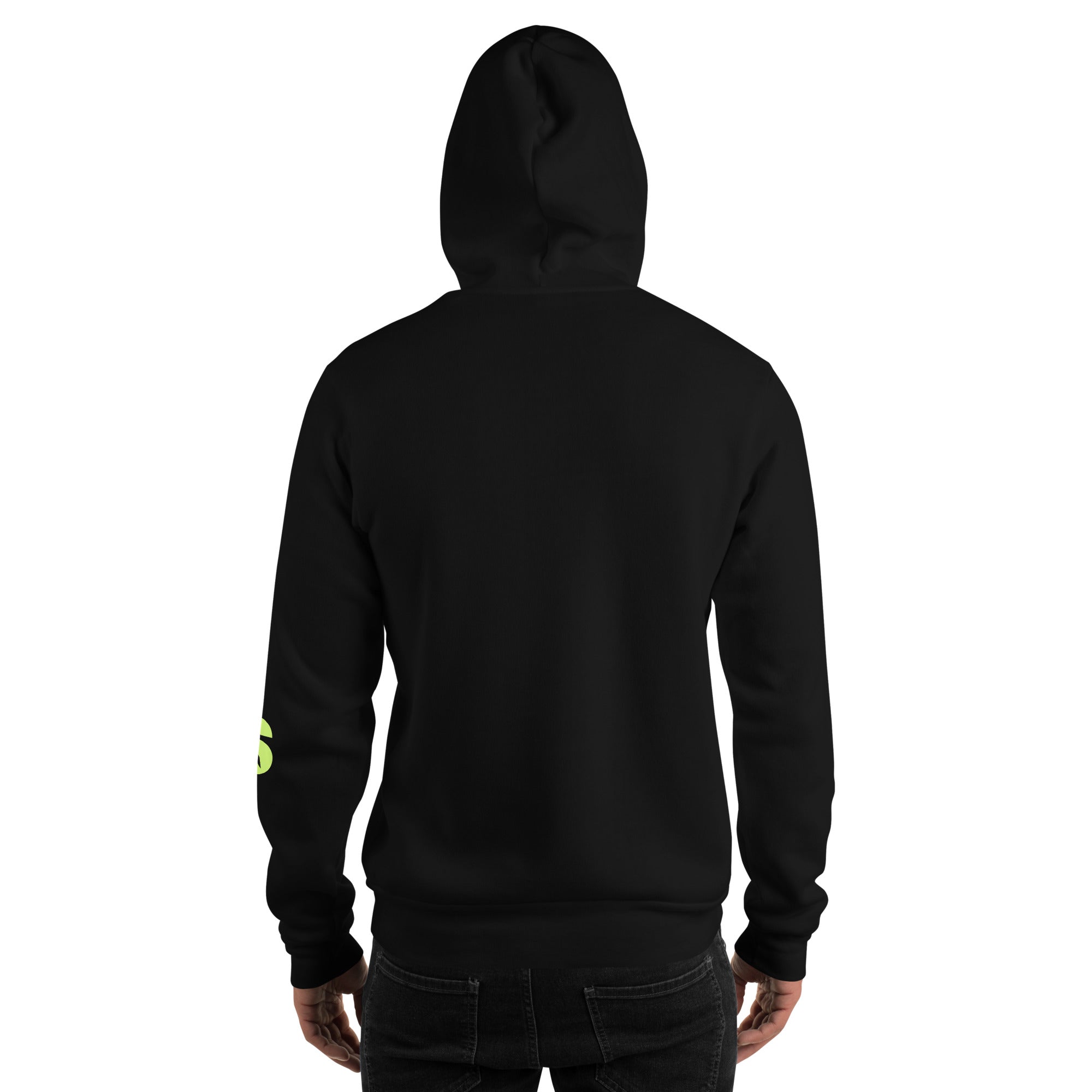 Rear view of a person wearing the black Casuals with Katie Nolan hoodie, showing the back of the hood and sleeves with no additional design elements visible on the back.