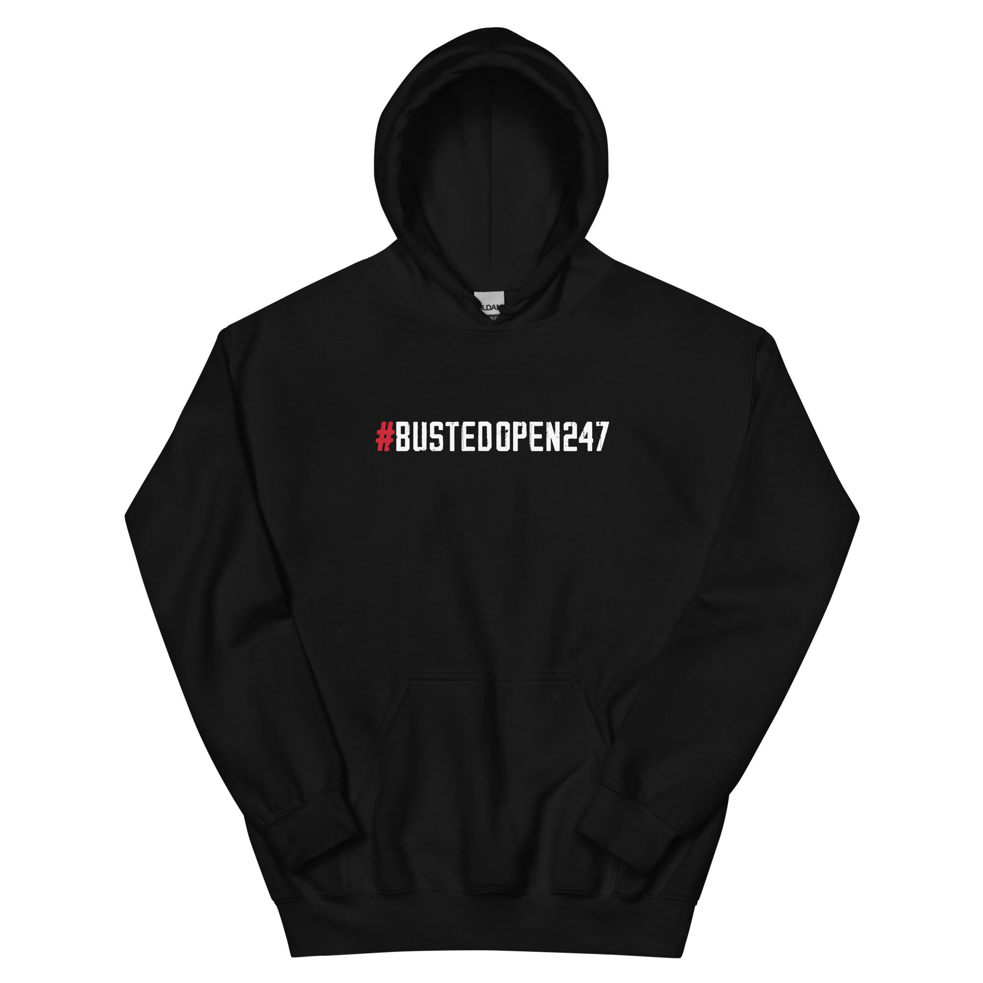 Black hoodie featuring the hashtag style text '#BUSTEDOPEN247' on the front.
