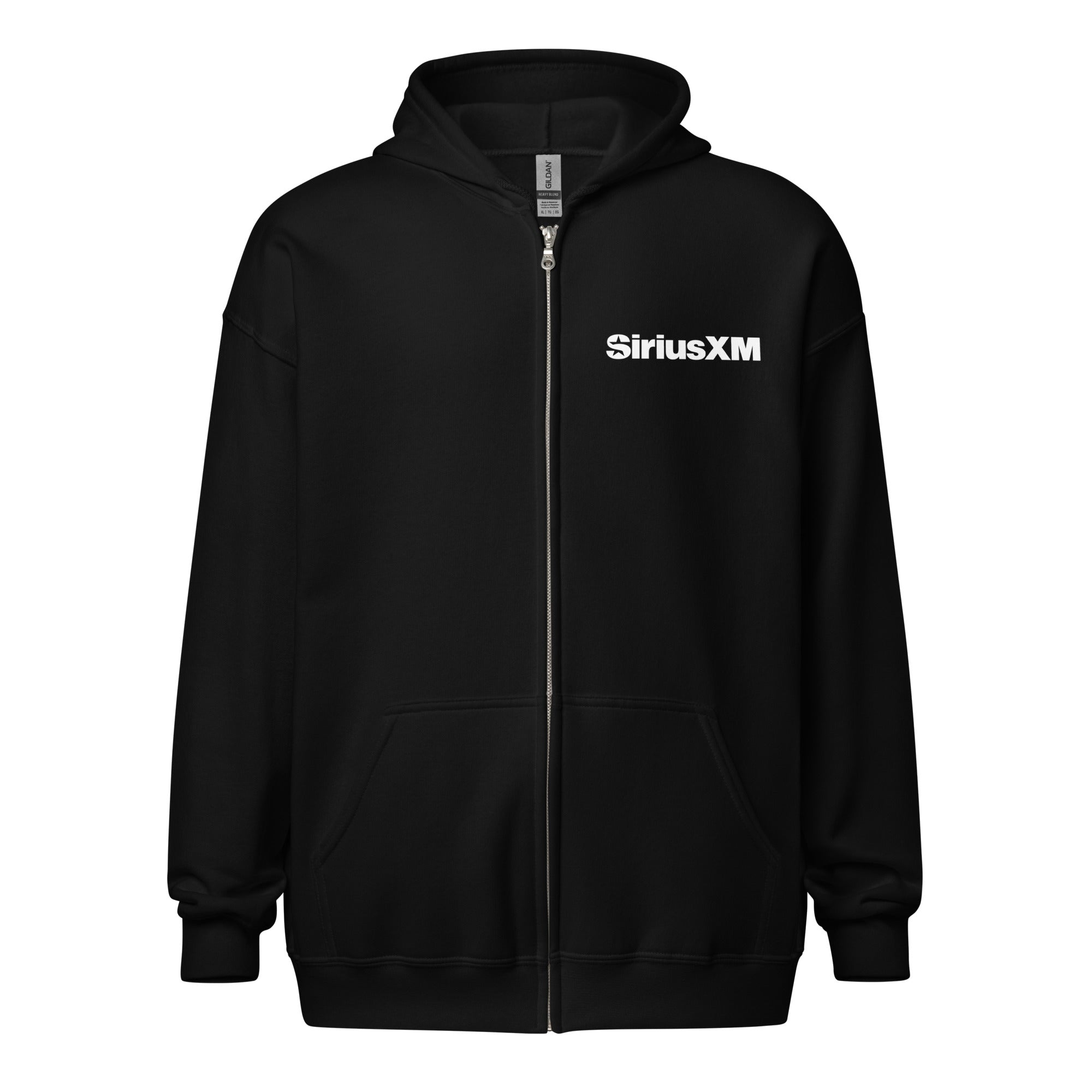 Black zip-up hoodie with 'SiriusXM' logo on the left chest.
