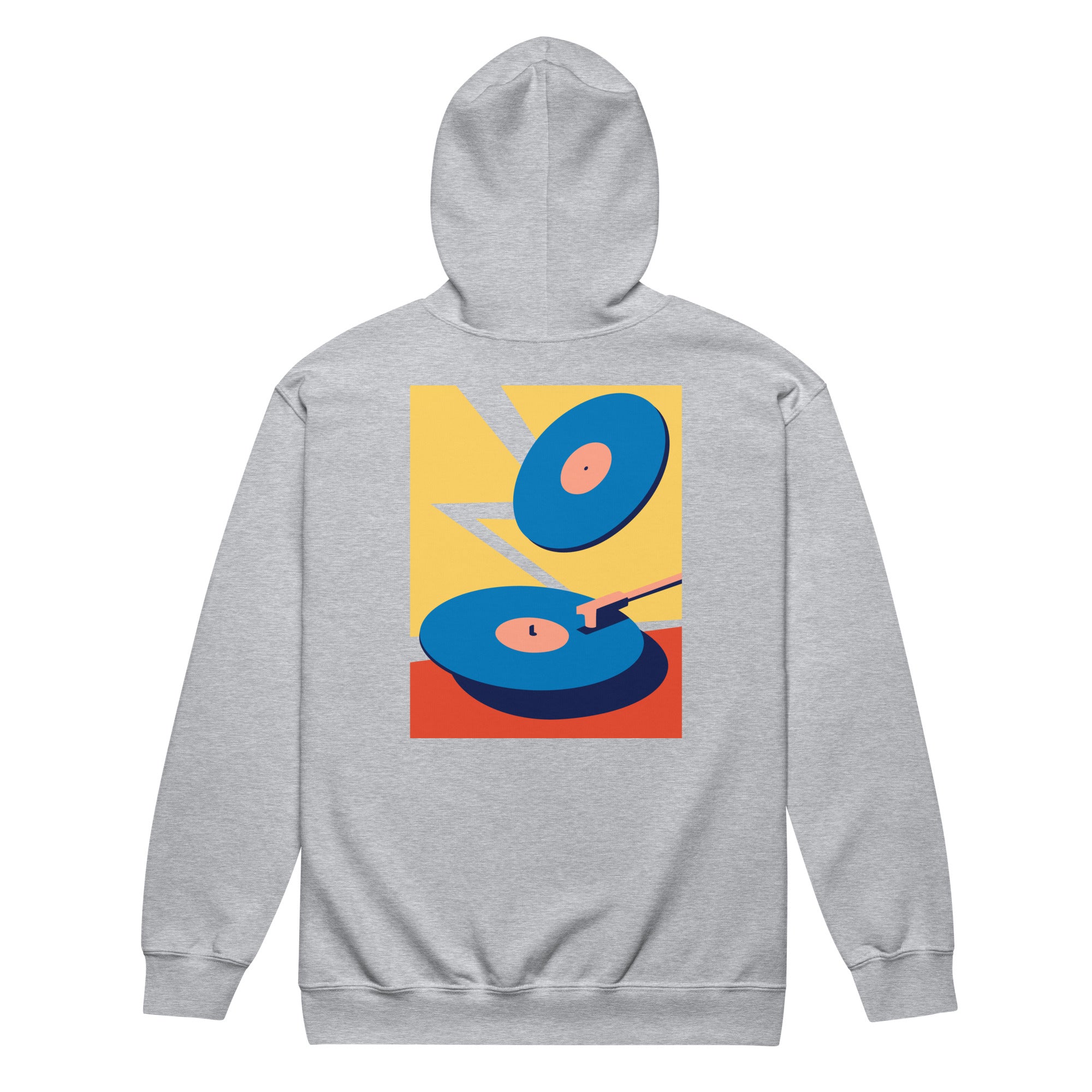 Back view of a light gray zip-up hoodie featuring a large rectangular graphic centered on the back. The design depicts two blue vinyl records on a red and yellow background with a white zigzag lightning shape behind them.