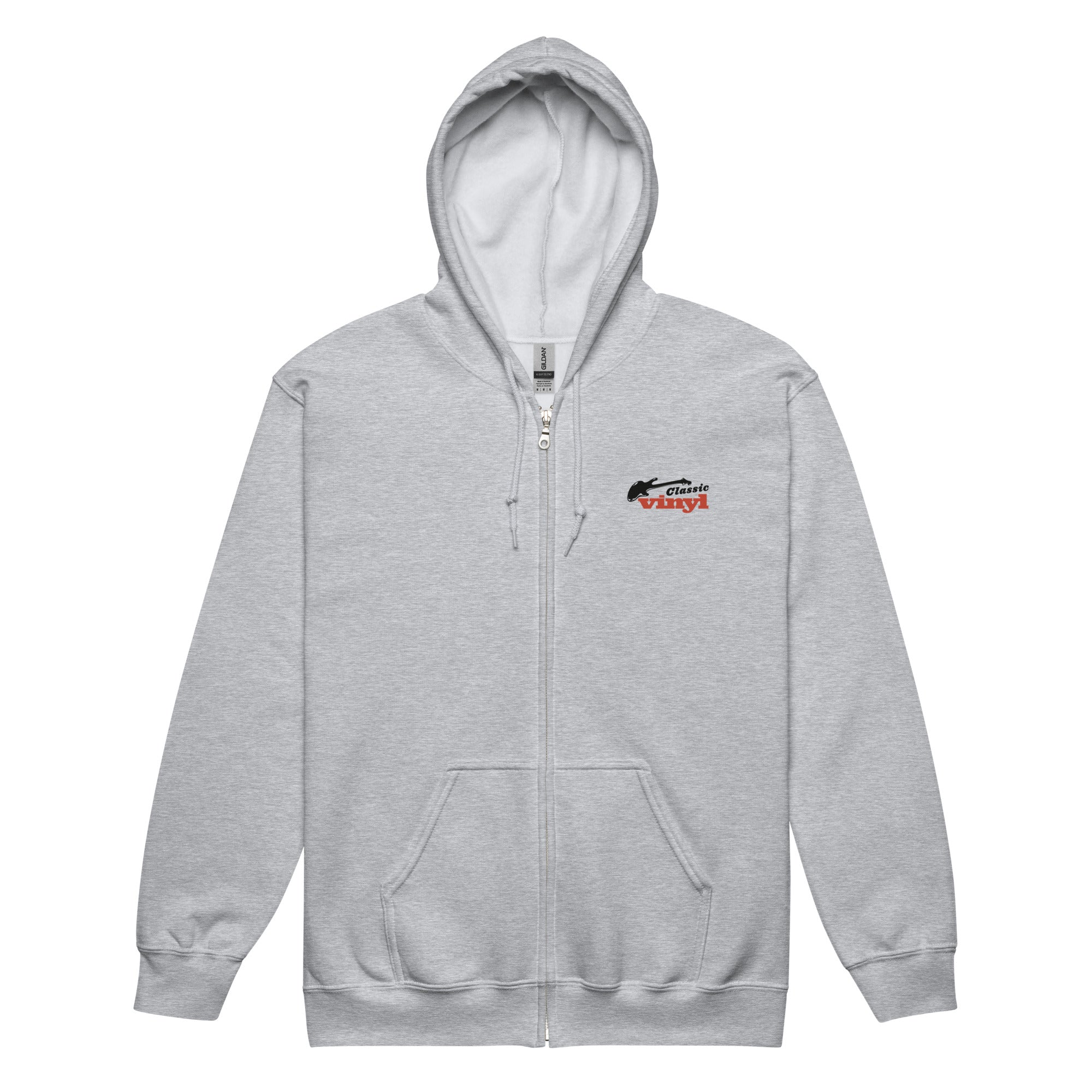 Front view of a light gray zip-up hoodie with the Classic Vinyl logo printed on the left chest. The logo includes a black guitar silhouette above the words 'Classic vinyl' in red and black text.