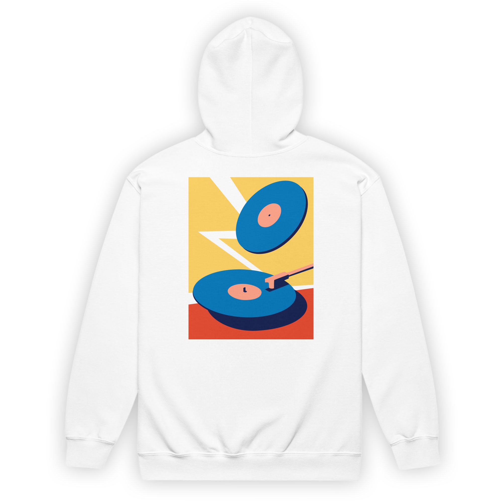 Back view of a white zip-up hoodie featuring a large rectangular graphic centered on the back. The design shows two blue vinyl records on a red and yellow background with a white zigzag lightning shape behind them.