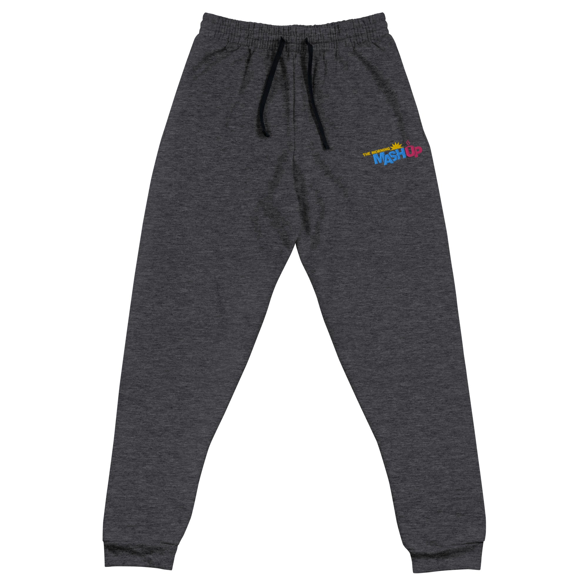 Dark gray  heather sweatpants with a drawstring and a colorful 'Mash Up' logo on the front.