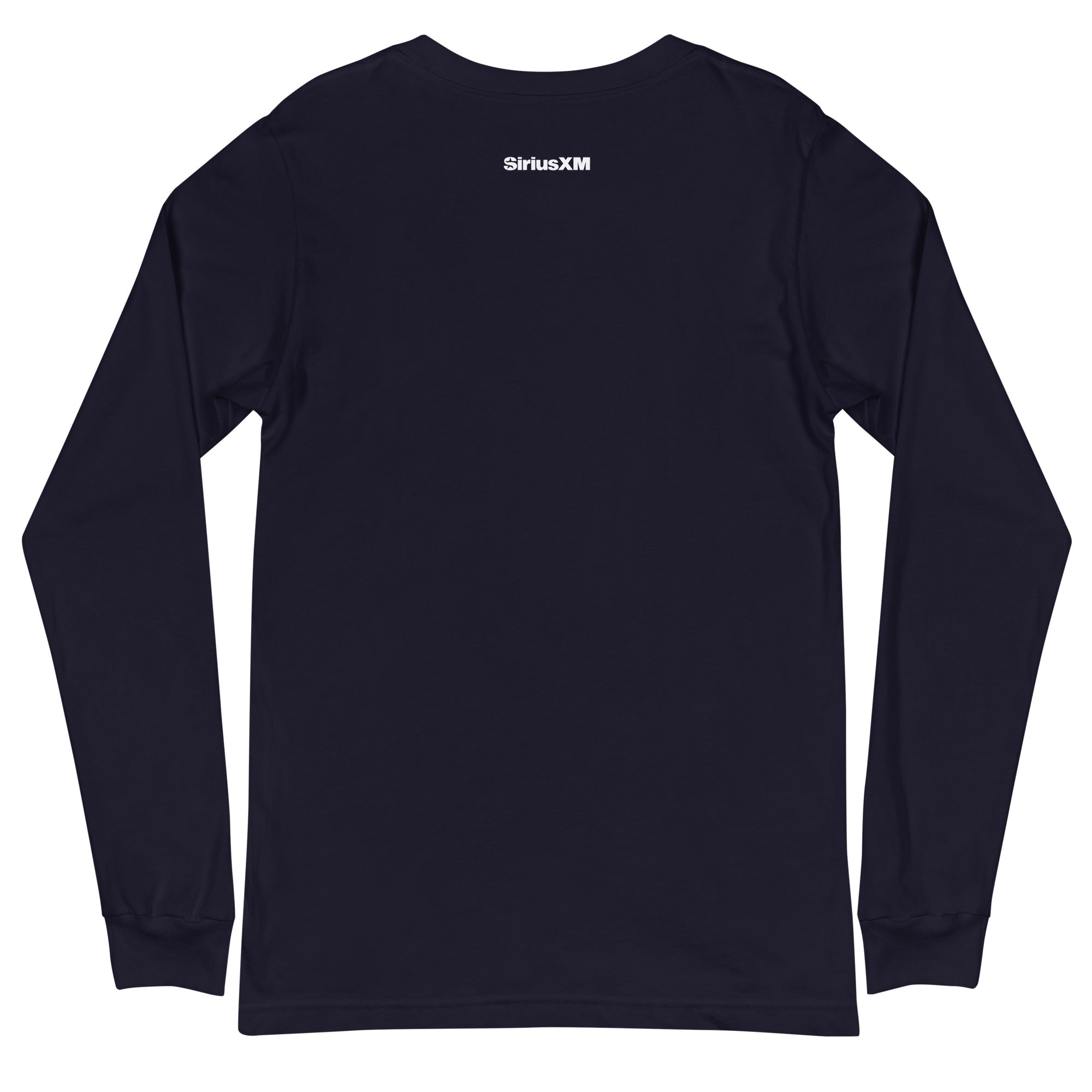 The back of a navy long sleeve shirt featuring a small white 'SiriusXM' logo printed near the neckline.
