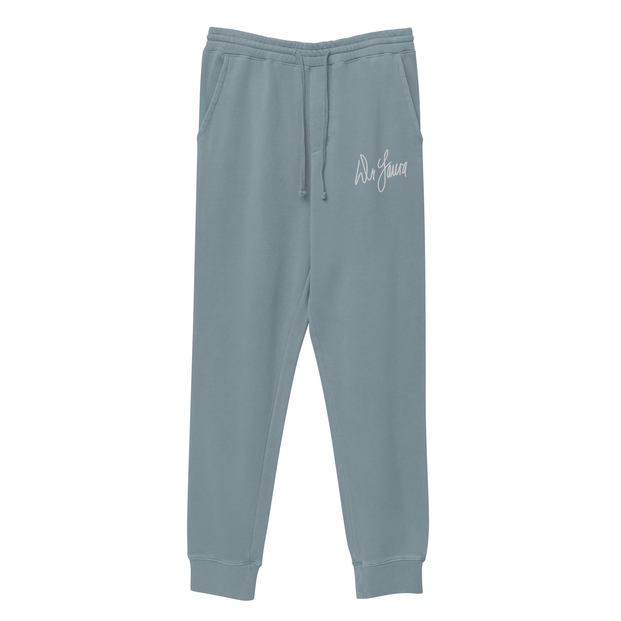 Light grey sweatpants with drawstring and white 'Dr. Laura' embroidered logo.