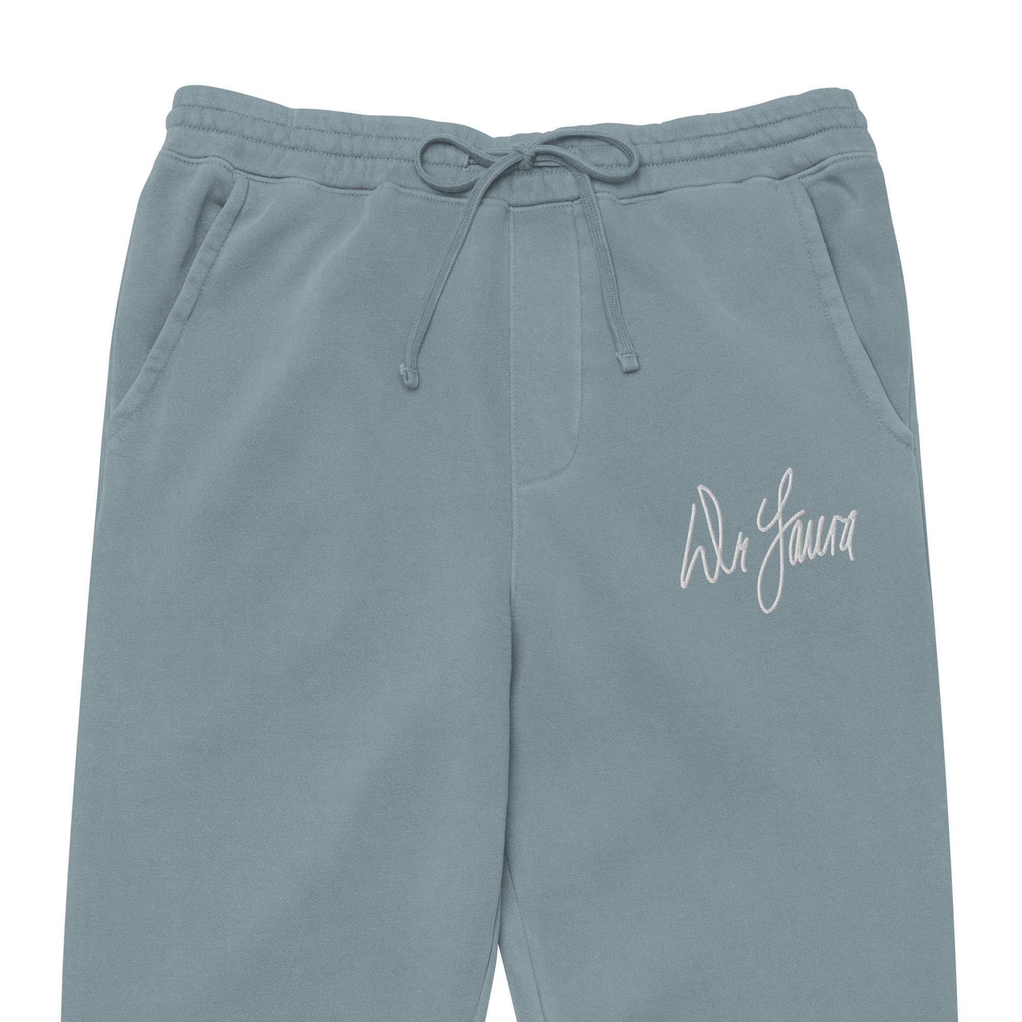 Light grey sweatpants with drawstring and white 'Dr. Laura' embroidered logo.