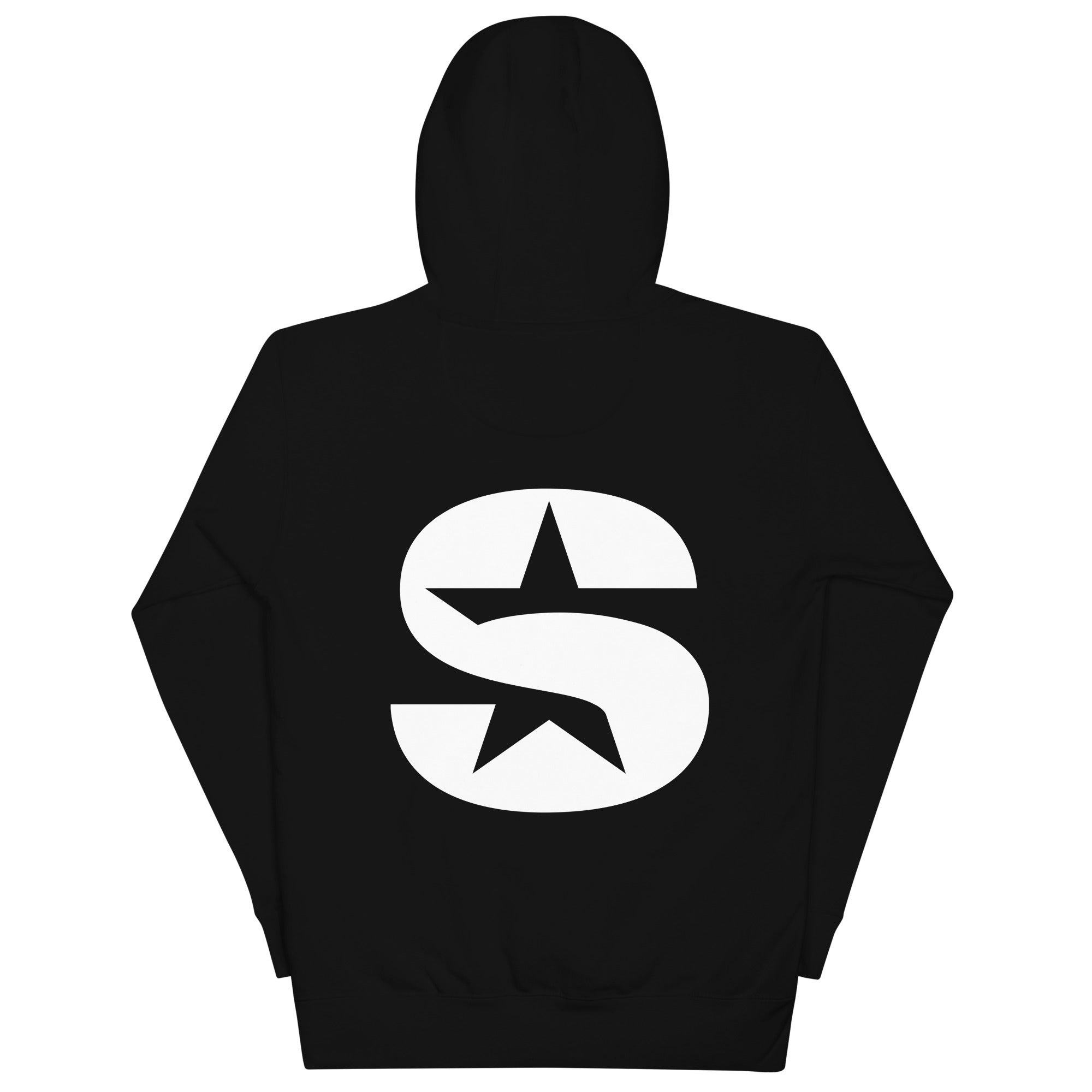 Back side of black hoodie with a large 'S' logo.