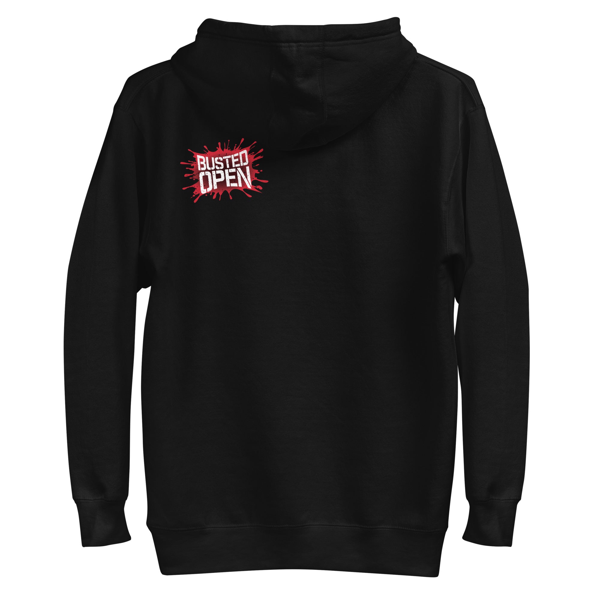 Black hoodie with a 'BUSTED OPEN' logo and red splash design on the upper back left corner.