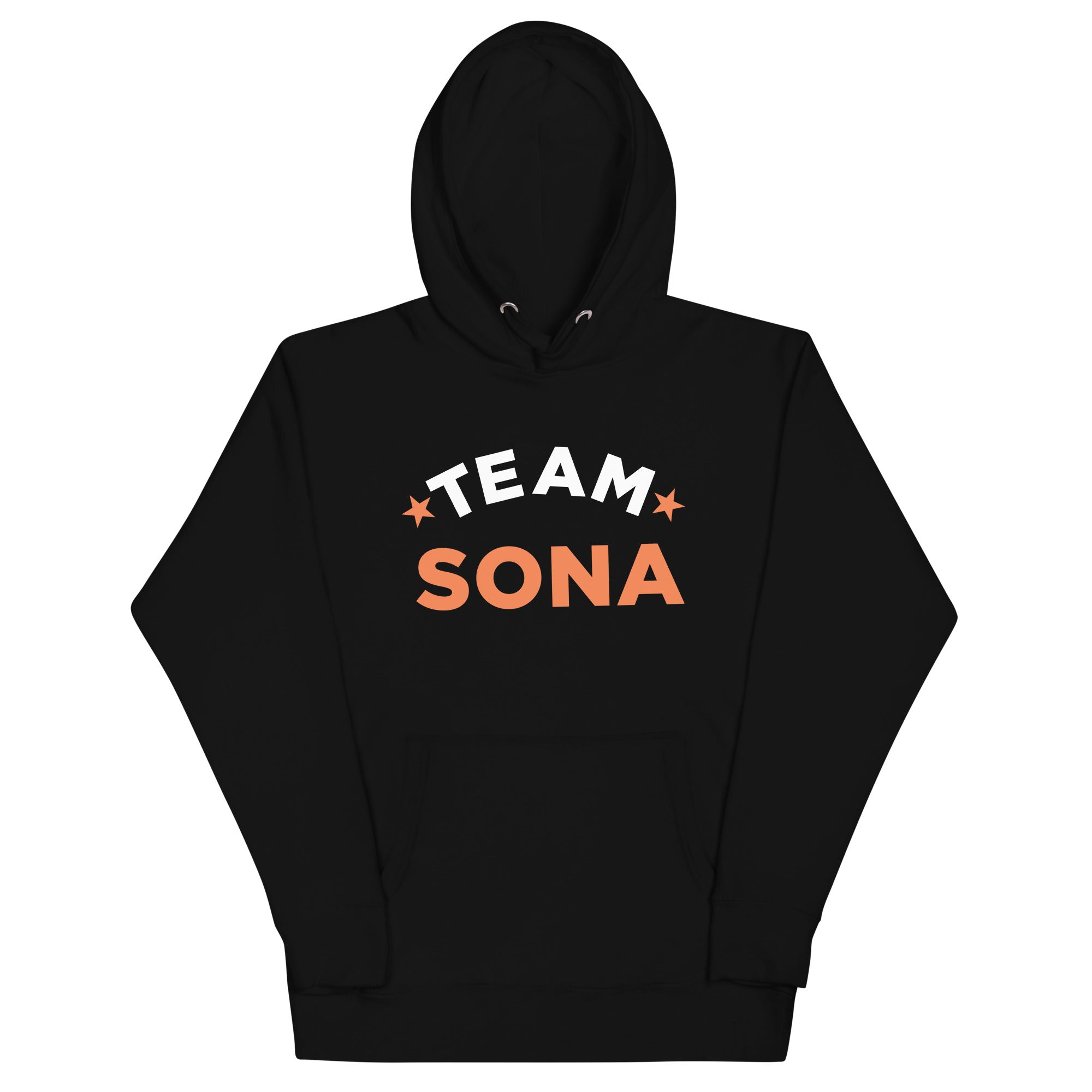Black hoodie featuring 'TEAM SONA' in bold white and orange letters on a white background.