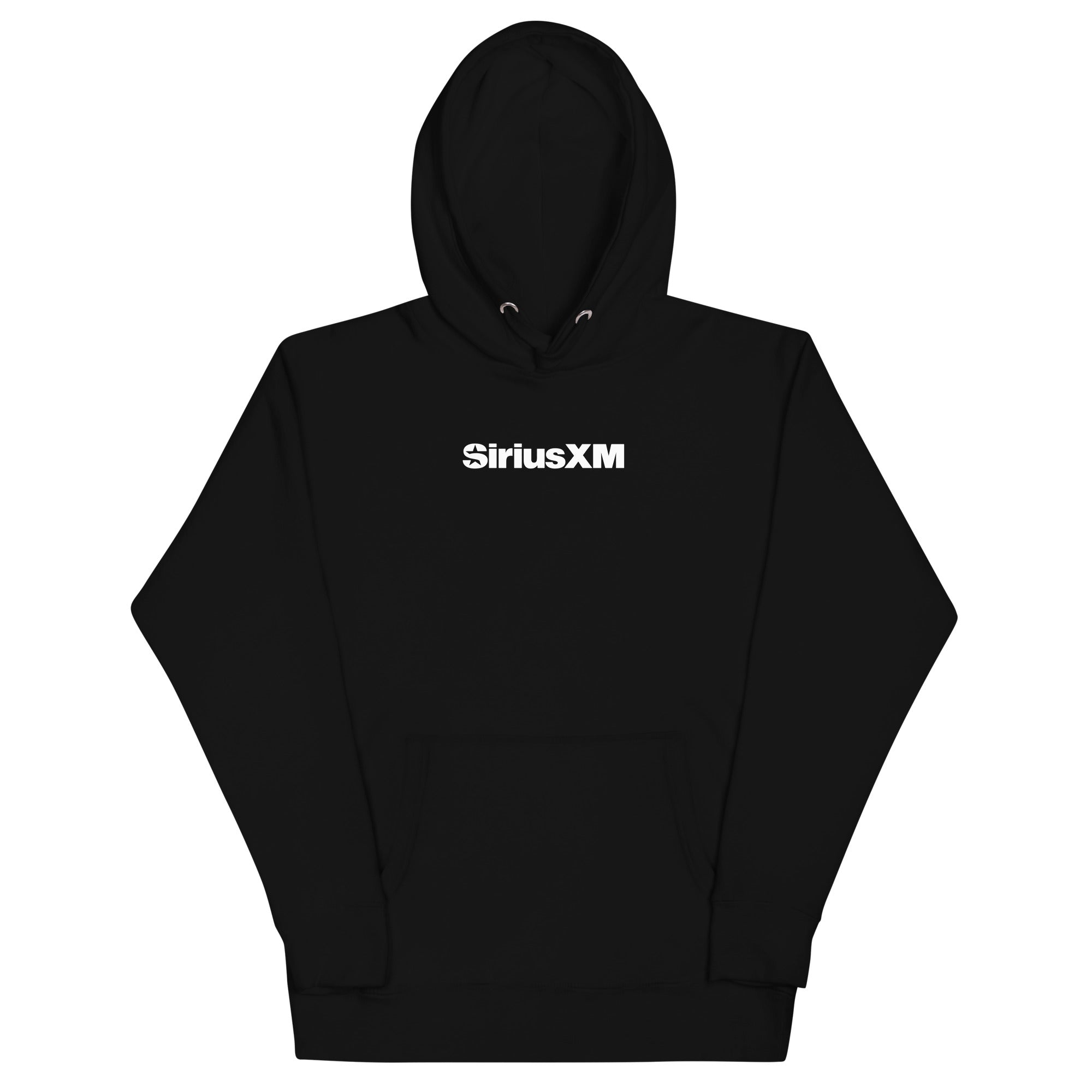 Black hoodie with white 'SiriusXM' logo on the front and a front pocket.