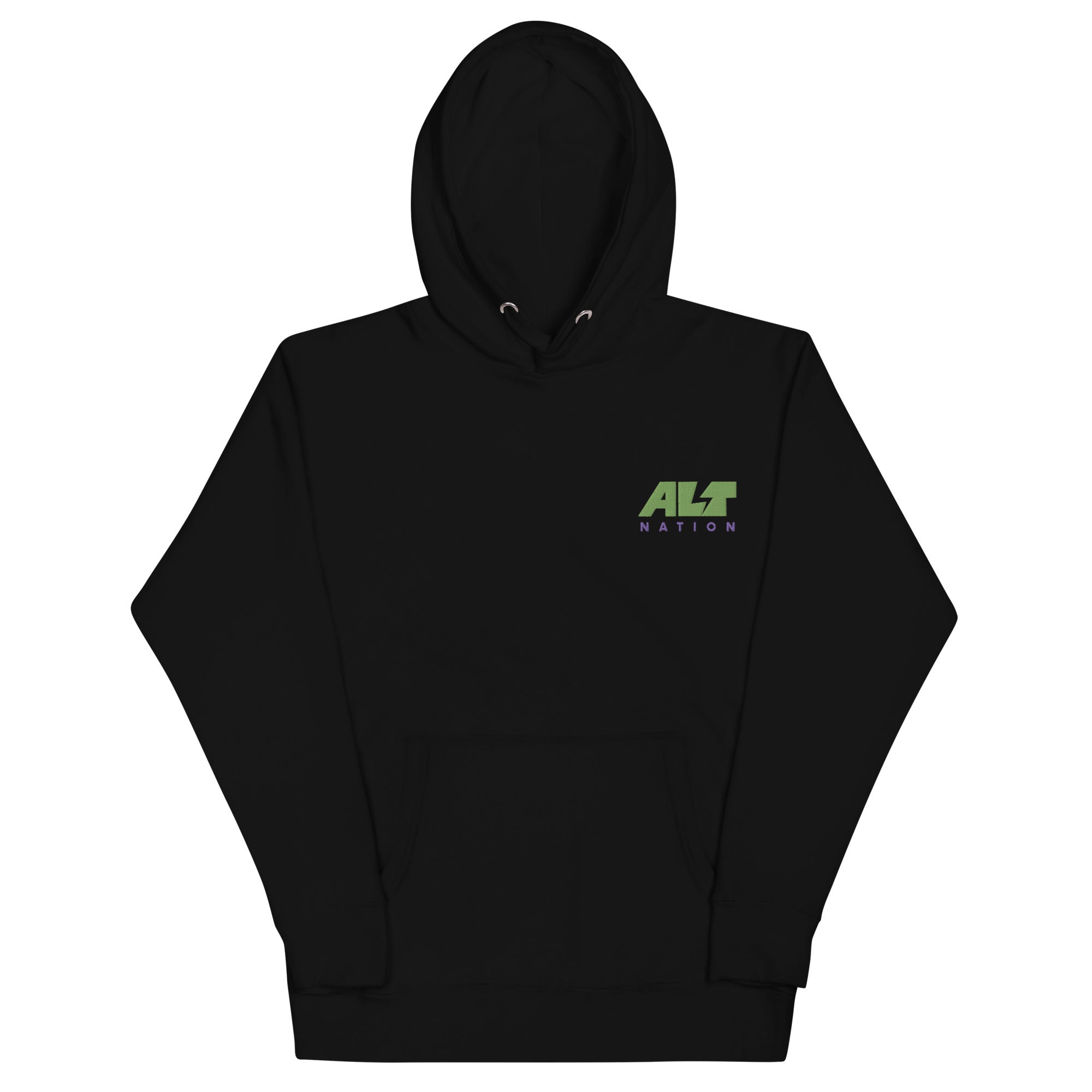 Black hoodie with 'ALT NATION' logo in green and blue embroidery on the left chest area.