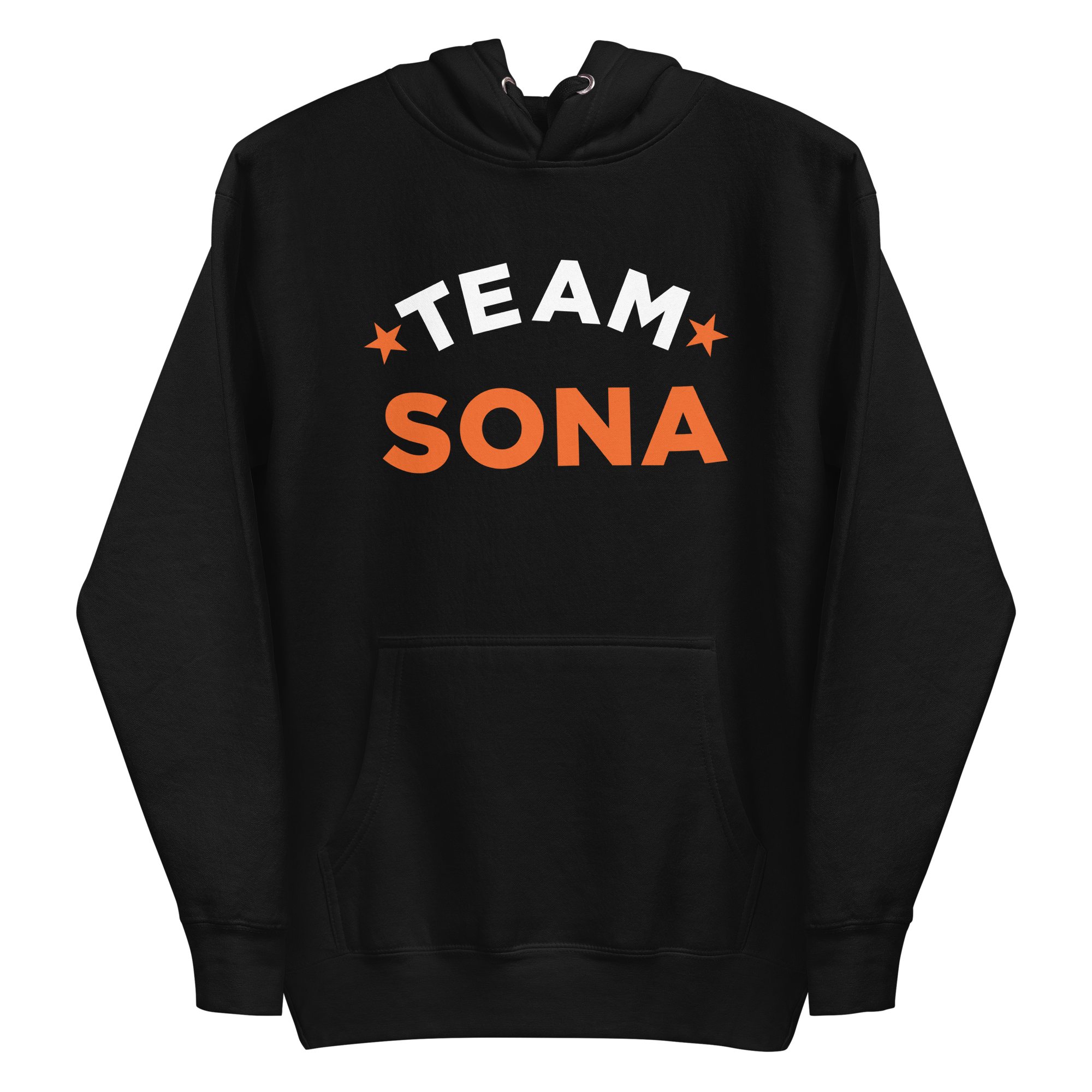 Black hoodie featuring 'TEAM SONA' in bold white and orange letters on a black background.