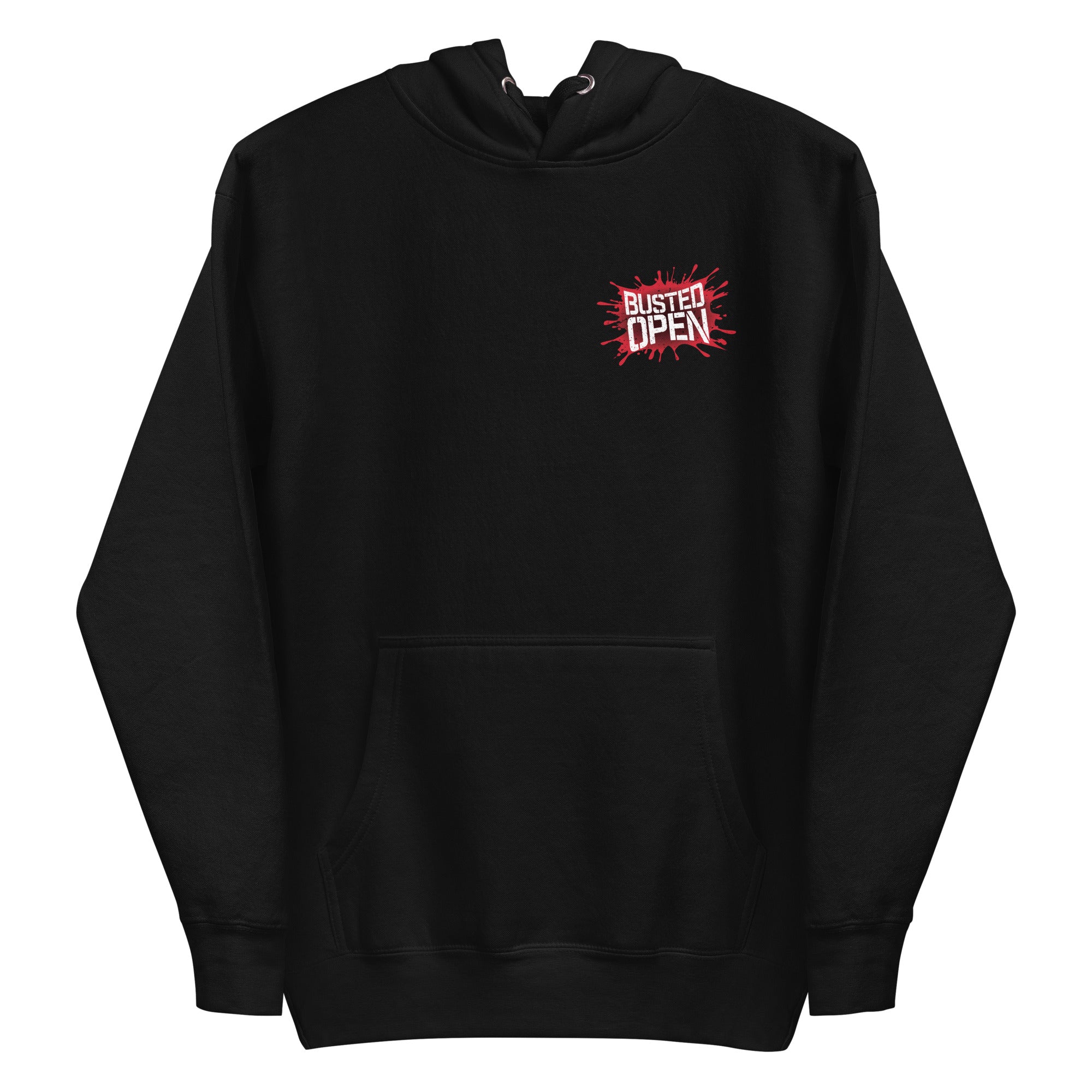 Black hoodie featuring 'BUSTED OPEN' logo in red on the chest area.