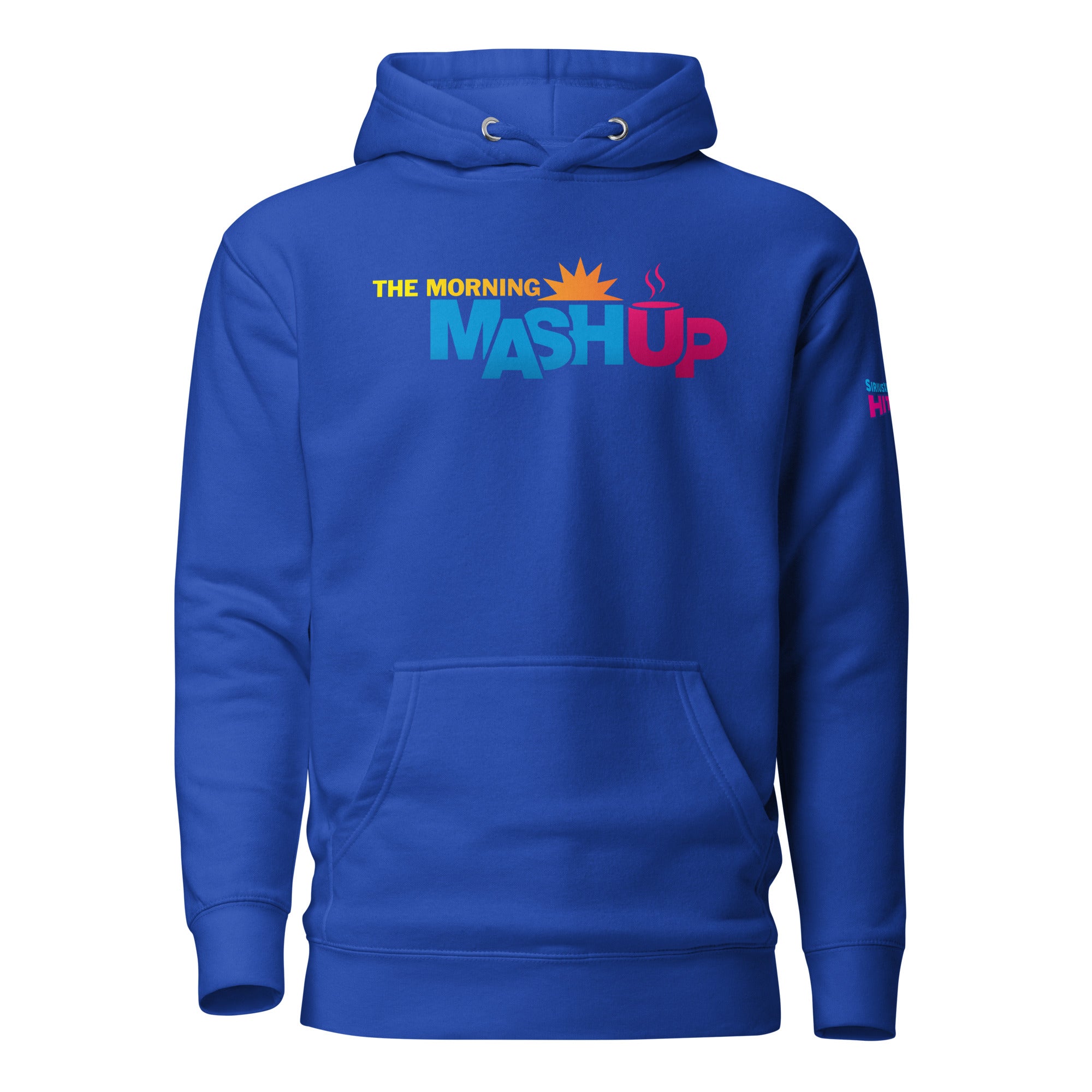 Blue hoodie with multi-colored 'THE MORNING MASH UP' logo in yellow, orange, light blue, and pink.