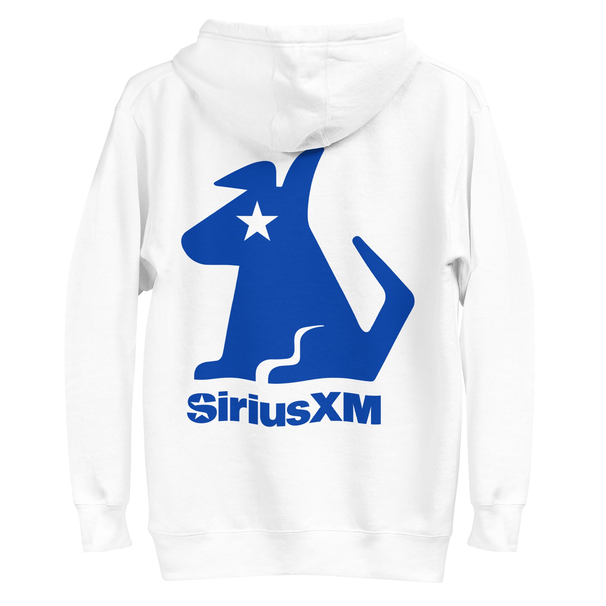 Back view of a white hoodie featuring a large blue SiriusXM logo with a stylized dog silhouette and star.