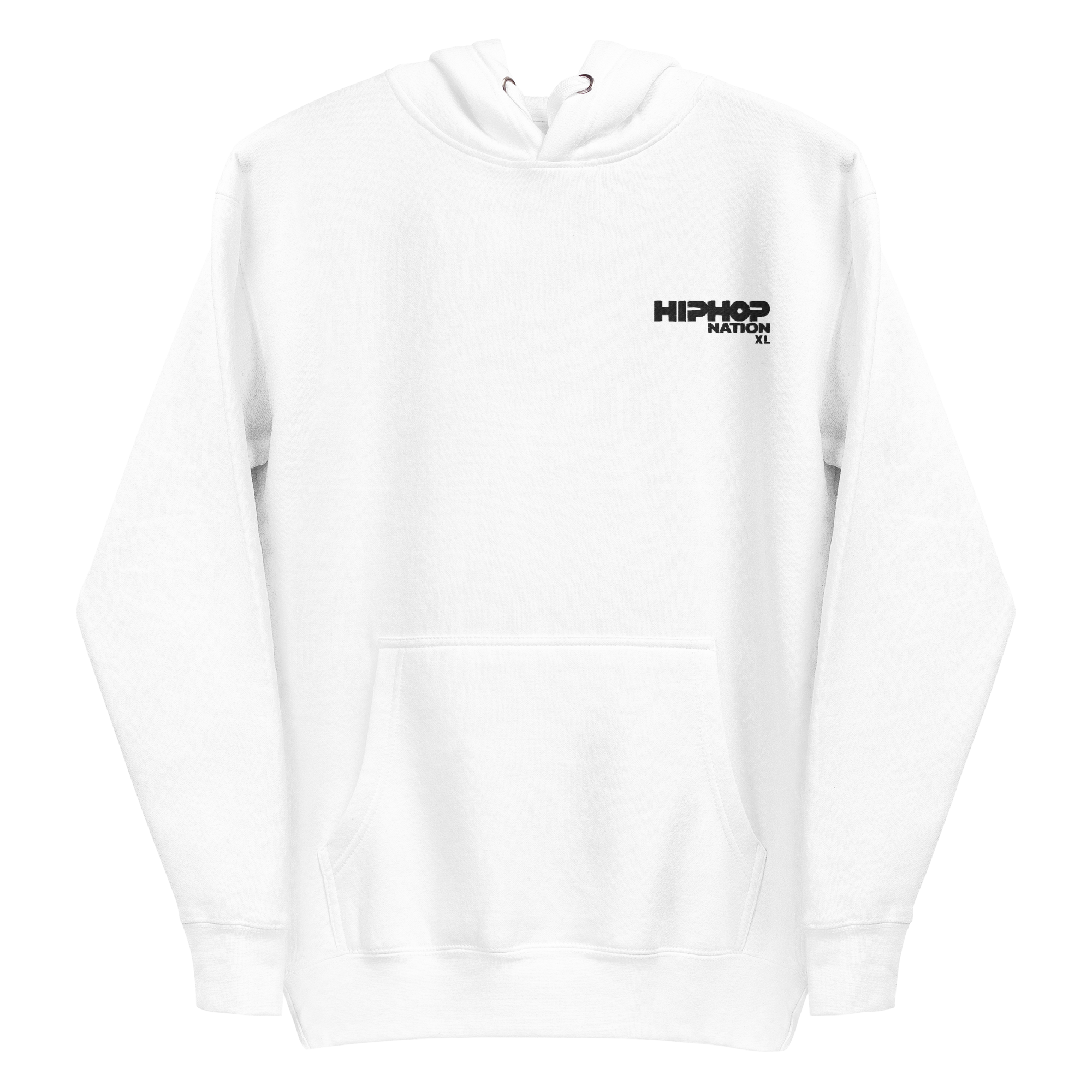 White hoodie with 'HIP HOP NATION' printed in black on the front chest, featuring a kangaroo pocket and drawstring hood.