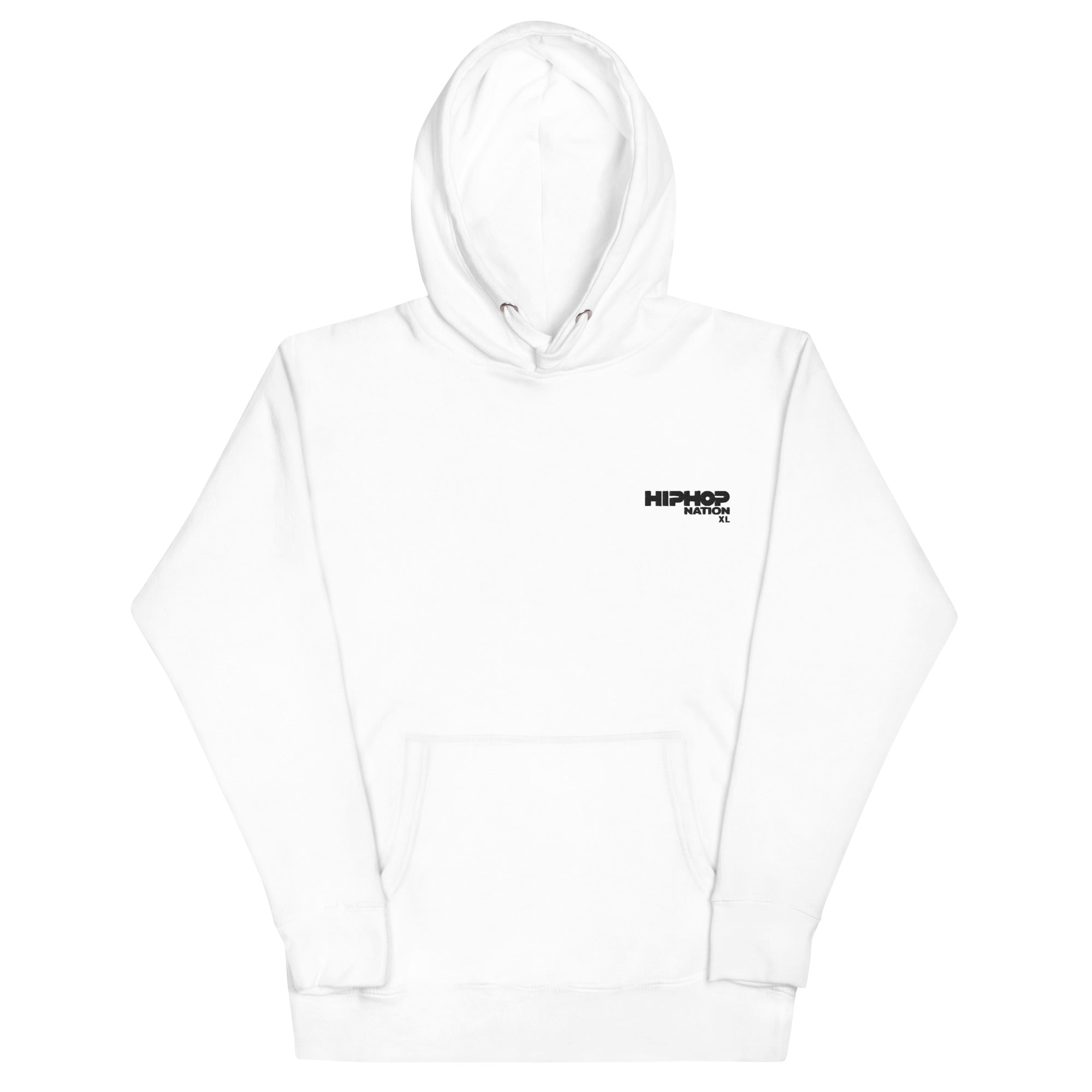 White hoodie with 'HIP HOP NATION' printed in black on the front chest, featuring a kangaroo pocket and drawstring hood.