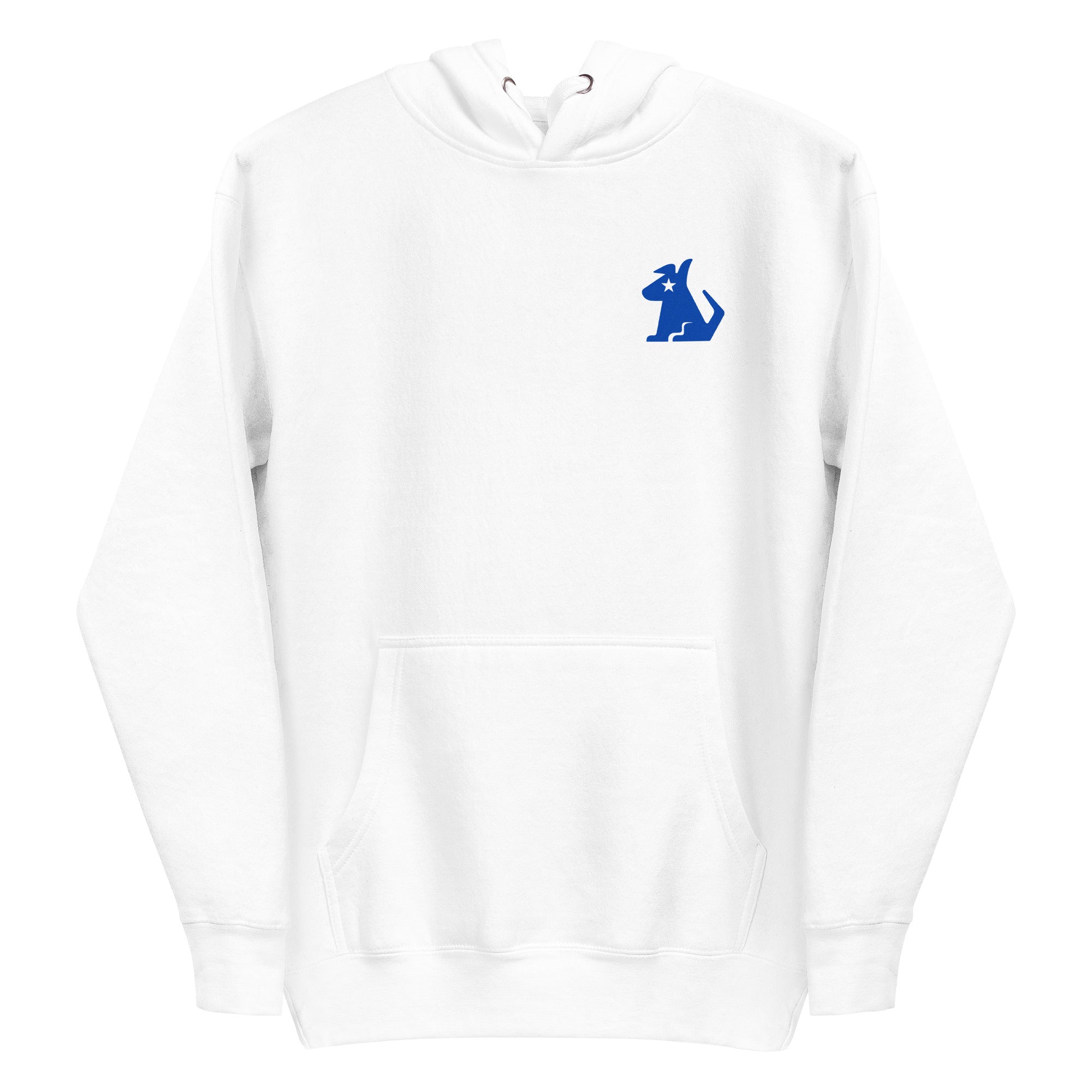 White hoodie featuring a blue cartoon dog logo on the chest.