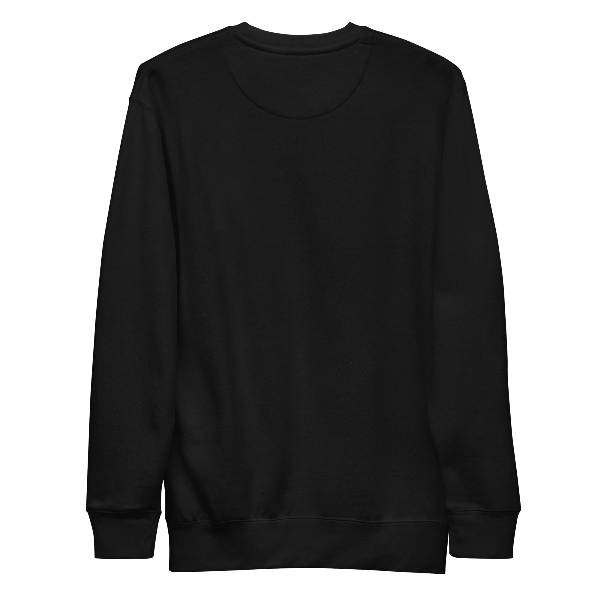 Flat lay back view of a plain black crewneck sweatshirt with no visible text or design.