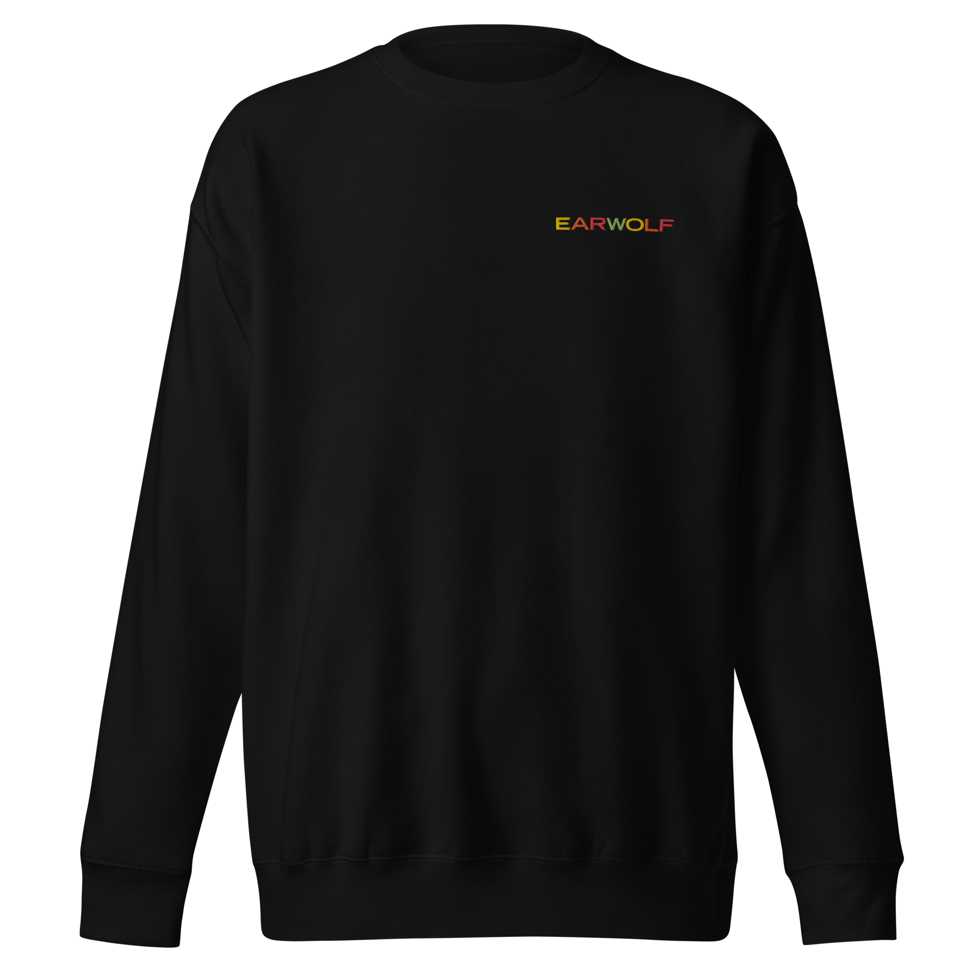 Close up of black sweatshirt featuring the 'EARWOLF' logo in colorful lettering on the chest.