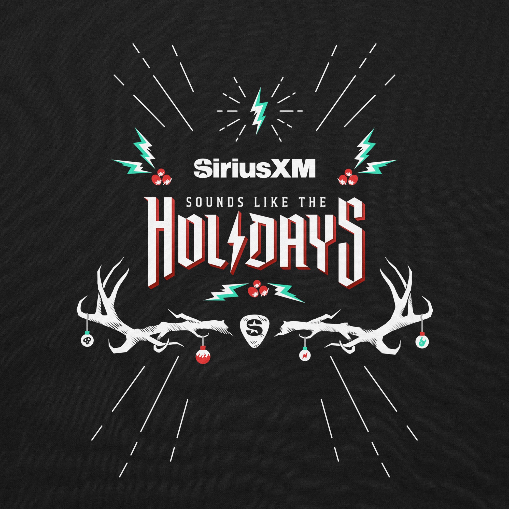 Close-up of the front design on a black sweatshirt featuring the white ‘SiriusXM’ logo above the phrase ‘Sounds like the HOLIDAYS,’ with a lightning bolt in place of the letter ‘I.’ The design includes white antlers, red and green ornaments, lightning bolt motifs, holly berries, and radiating lines.