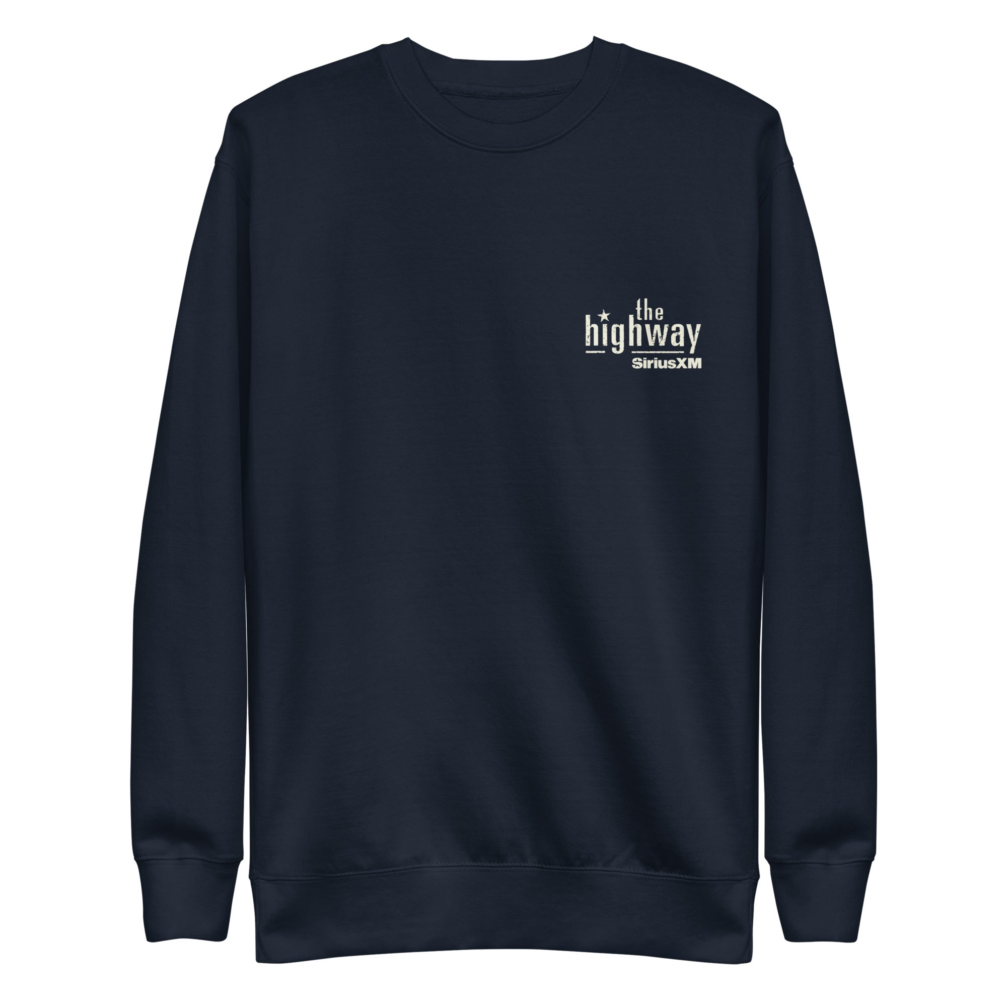 Navy sweatshirt featuring 'the highway' and 'SiriusXM' logos on the front.