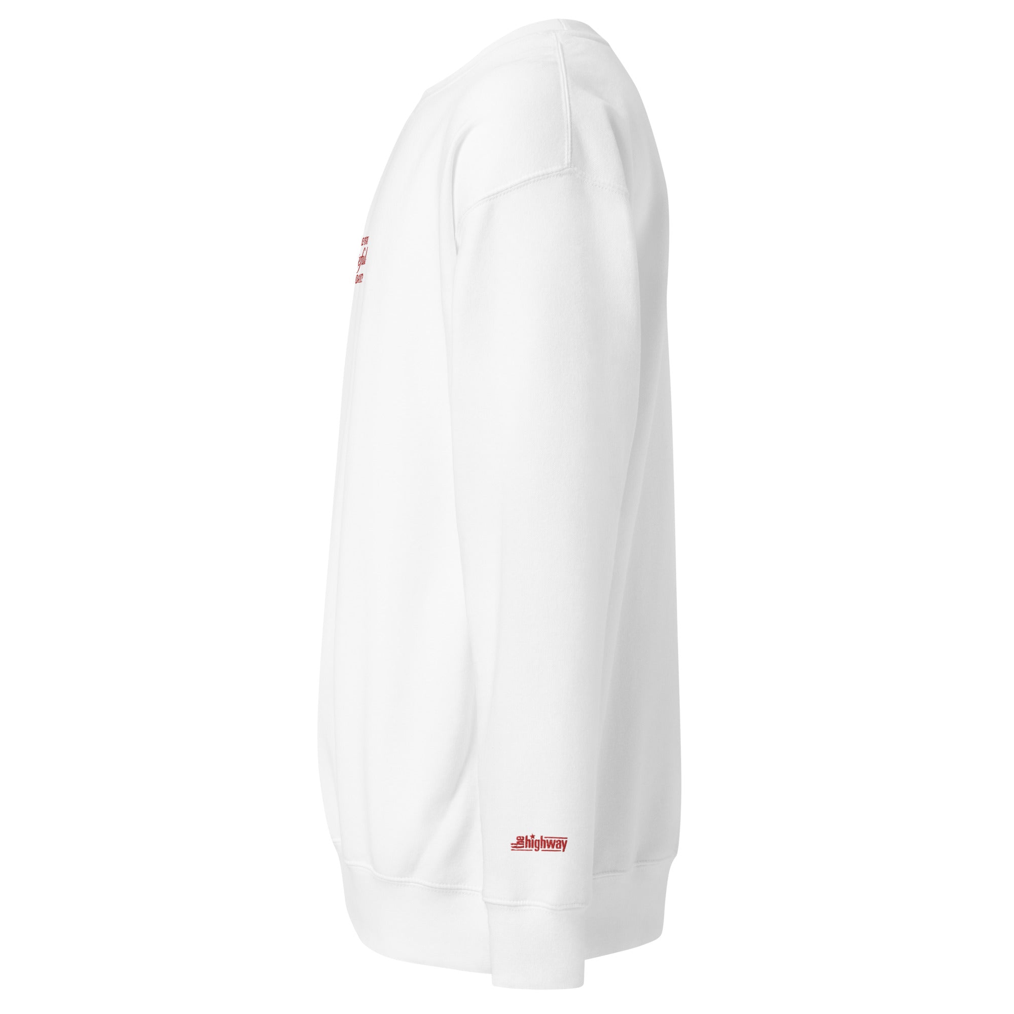 Left side view of white sweatshirt featuring red 'the highway' logo on the sleeve.