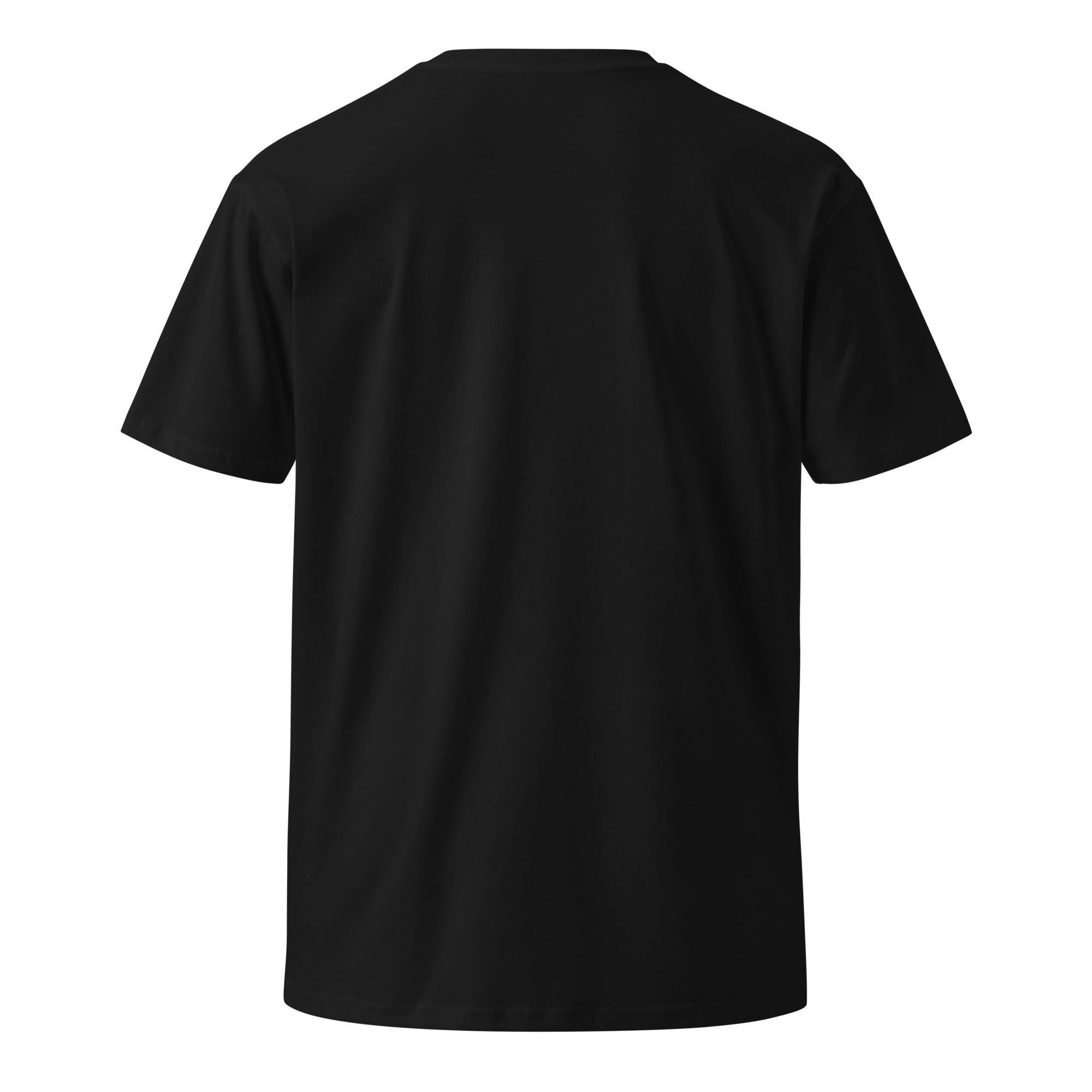 A plain black unisex premium T-shirt viewed from the back, featuring a smooth surface and short sleeves.