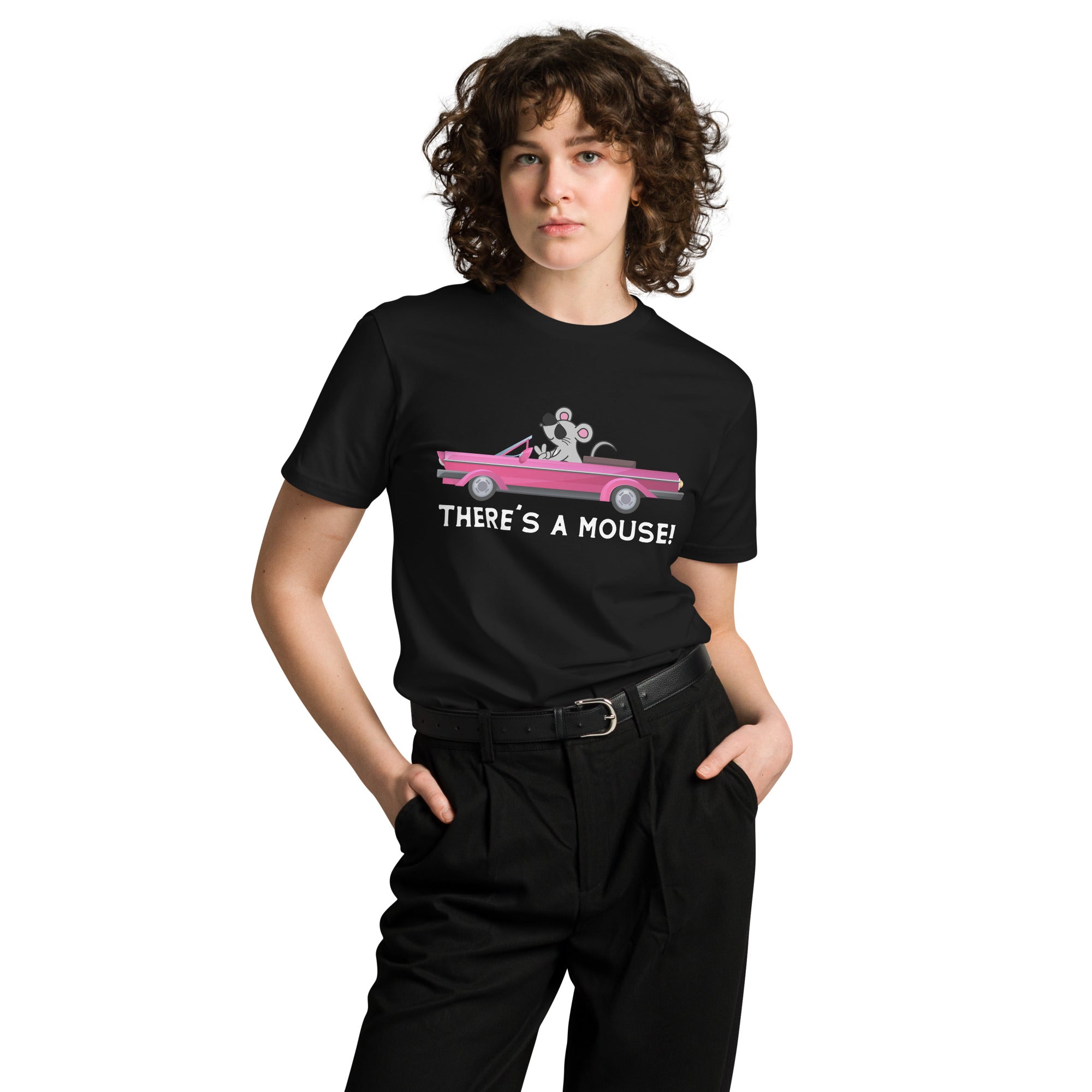 Woman wearing a black T-shirt featuring a graphic of a mouse driving a pink convertible with the text 'THERE’S A MOUSE!' below it.