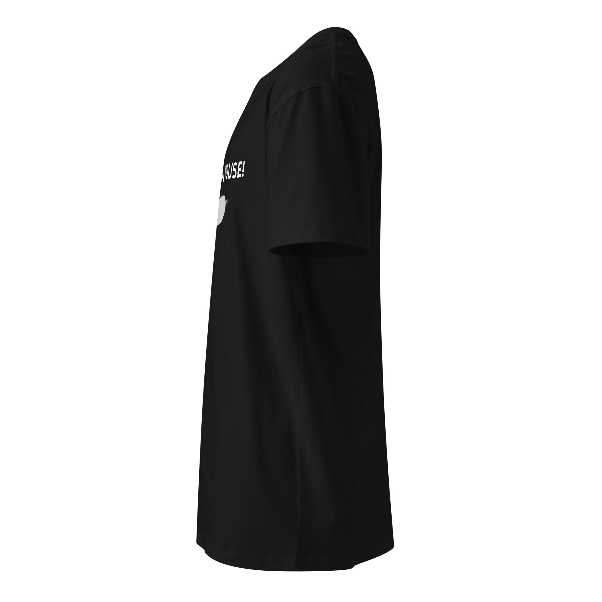 A black unisex premium T-shirt viewed from the left side, displaying part of the front design along with the short sleeve and side seam.