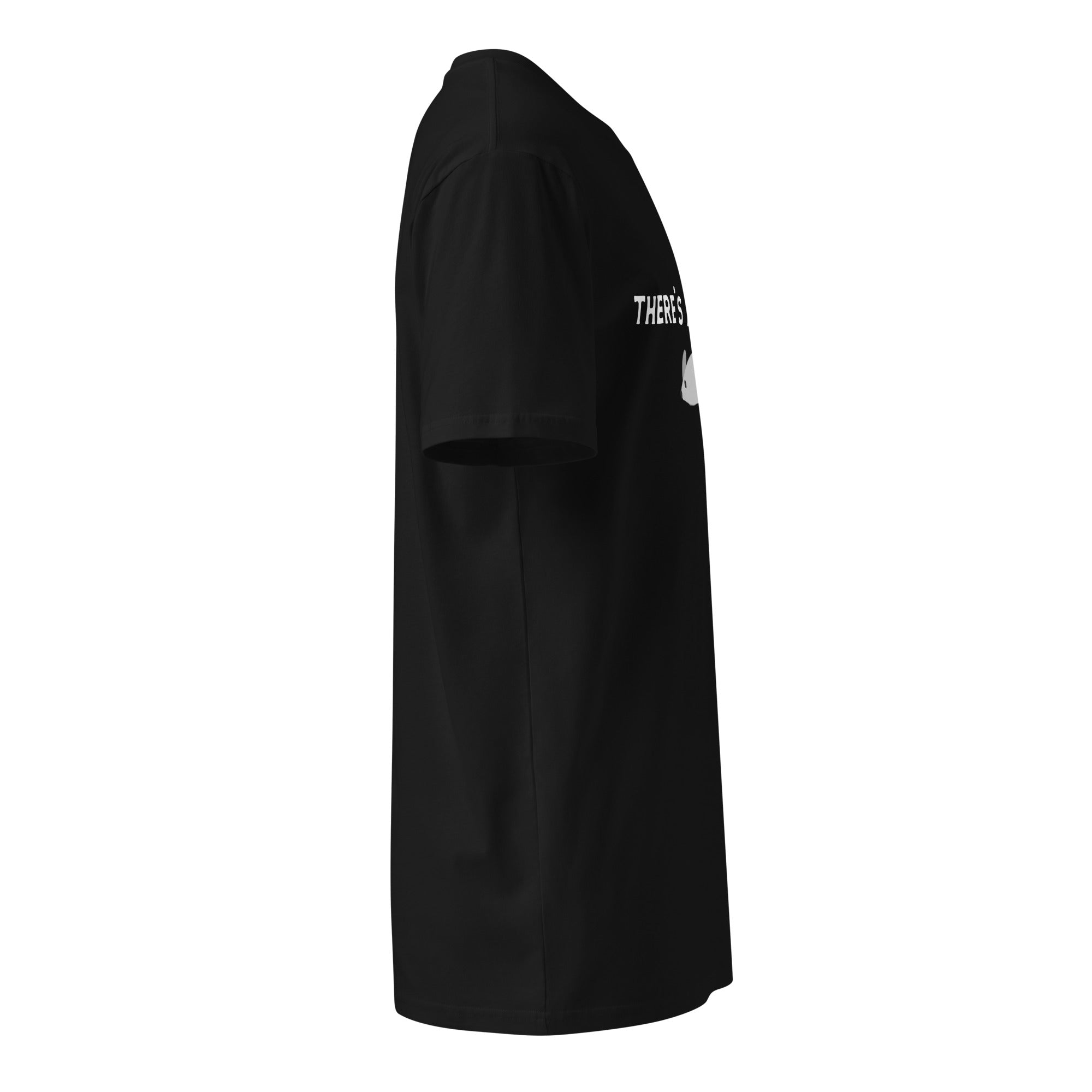 A black unisex premium T-shirt viewed from the right side, showing a partial view of the front design, short sleeve, and side seam.