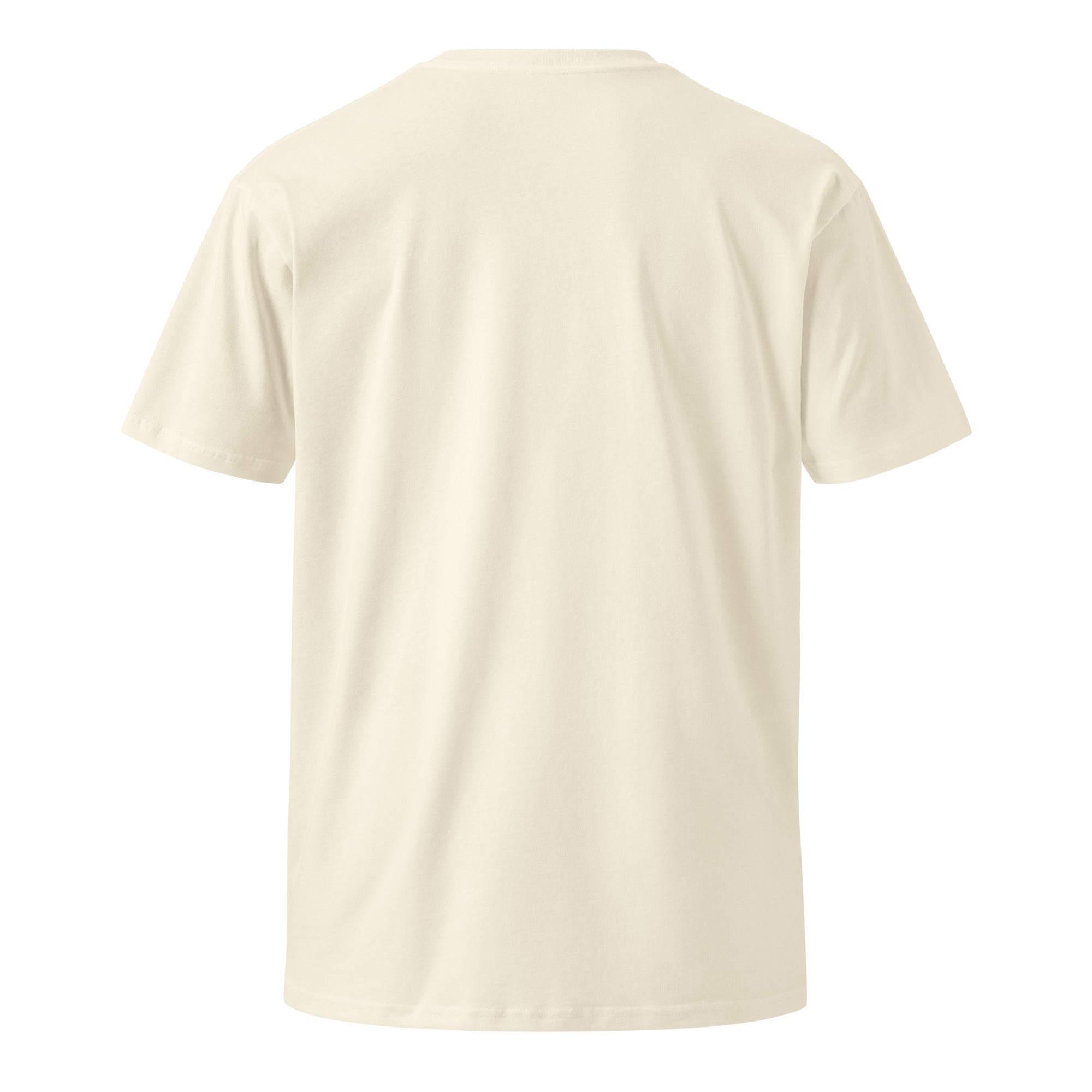A plain cream-colored (off-white) unisex premium T-shirt viewed from the back, featuring a smooth surface and short sleeves.