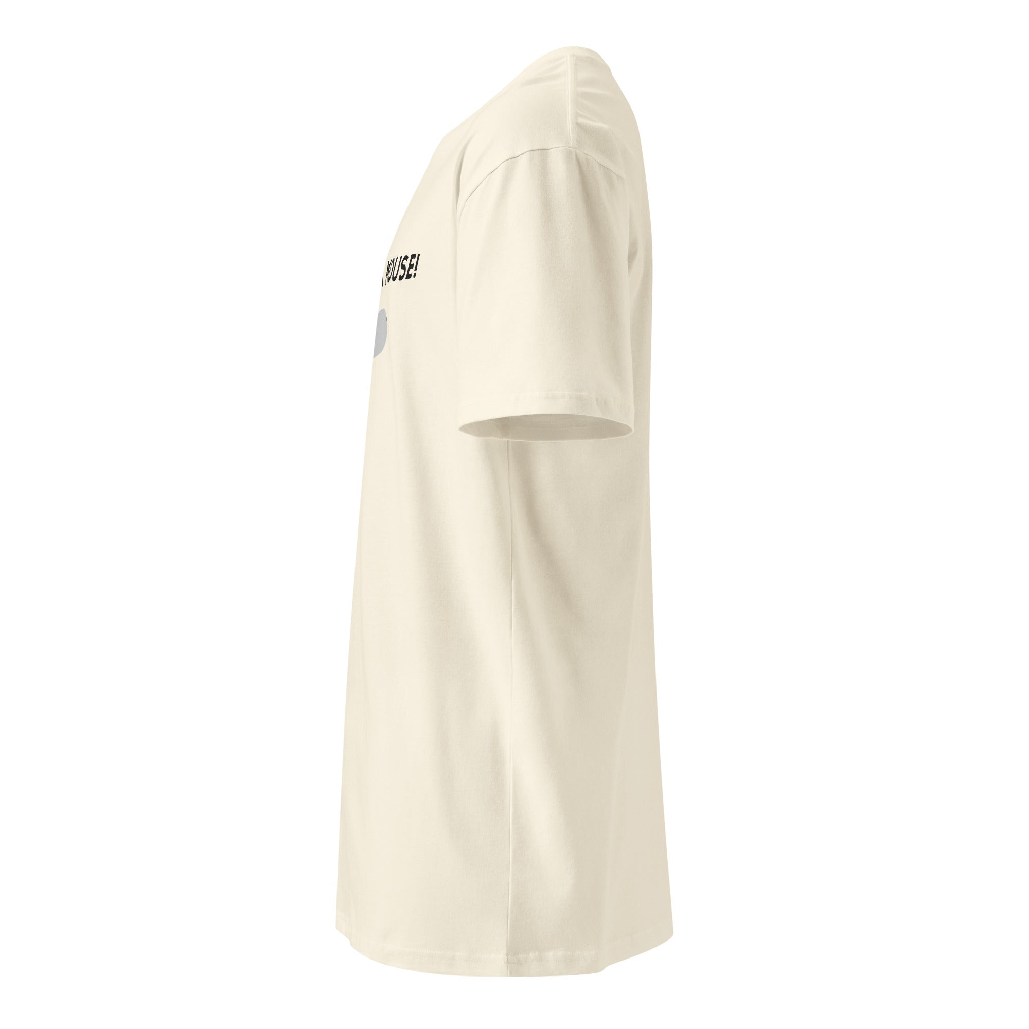 A cream-colored unisex premium T-shirt viewed from the left side, displaying part of the front design along with the short sleeve and side seam.
