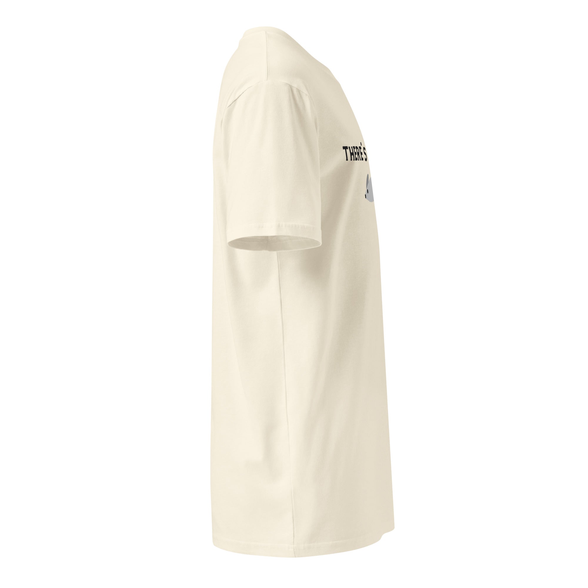 A cream-colored unisex premium T-shirt viewed from the right side, showing a partial view of the front design, short sleeve, and side seam.