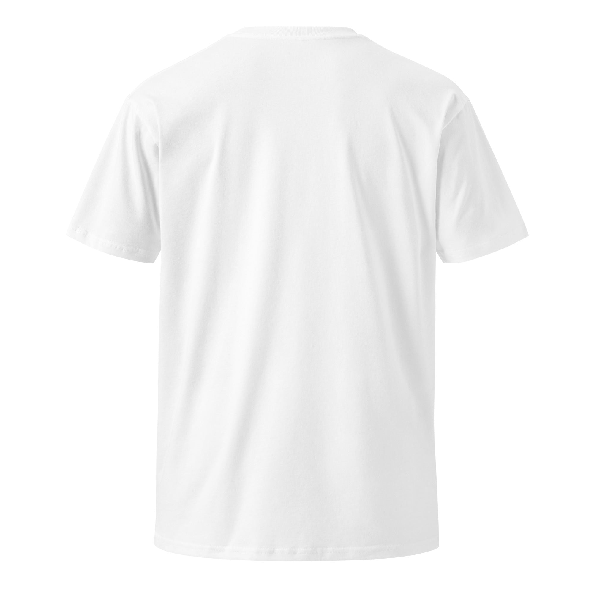Back view of a plain white unisex T-shirt with short sleeves and a crew neckline.