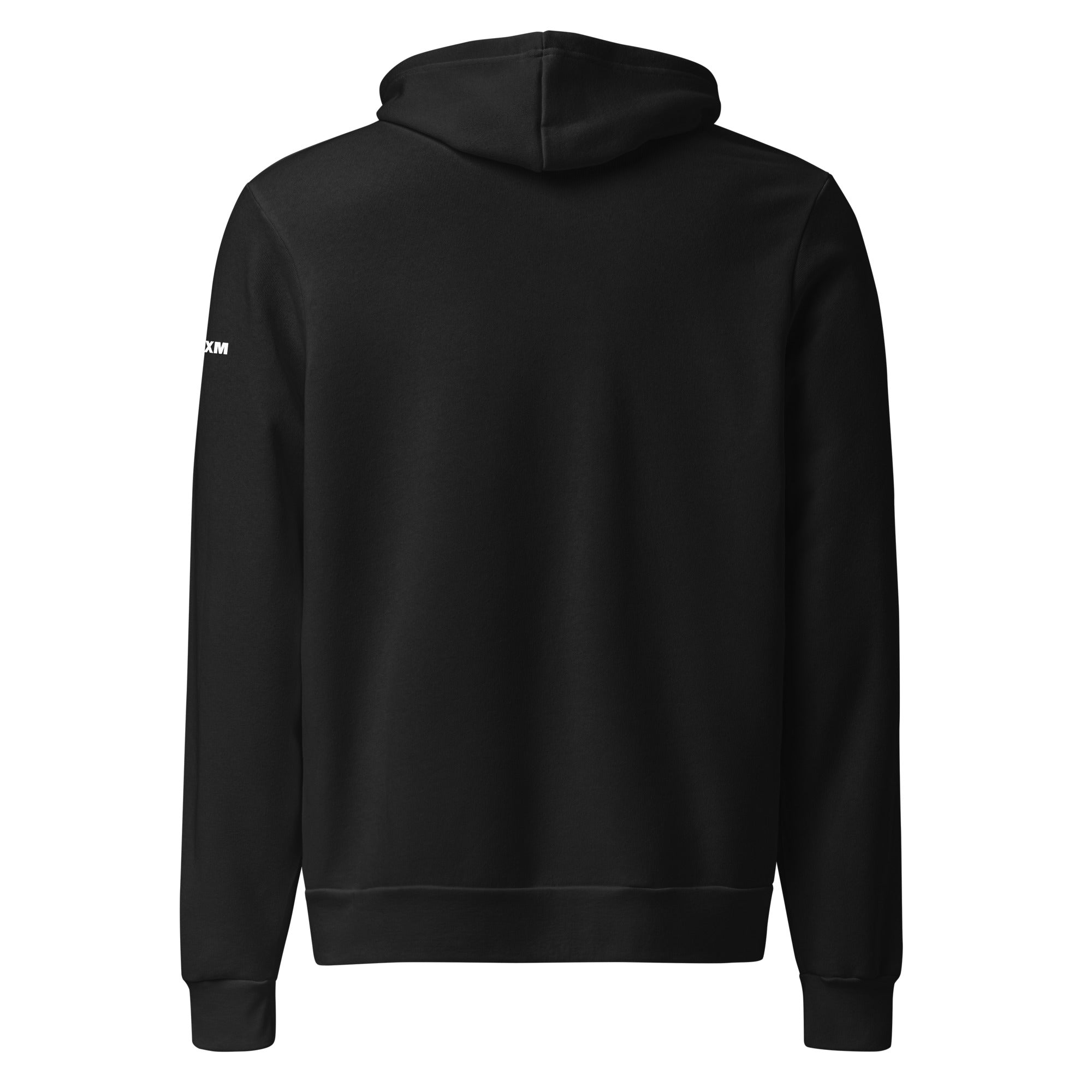 Black hoodie with a brand logo on the back against a white background
