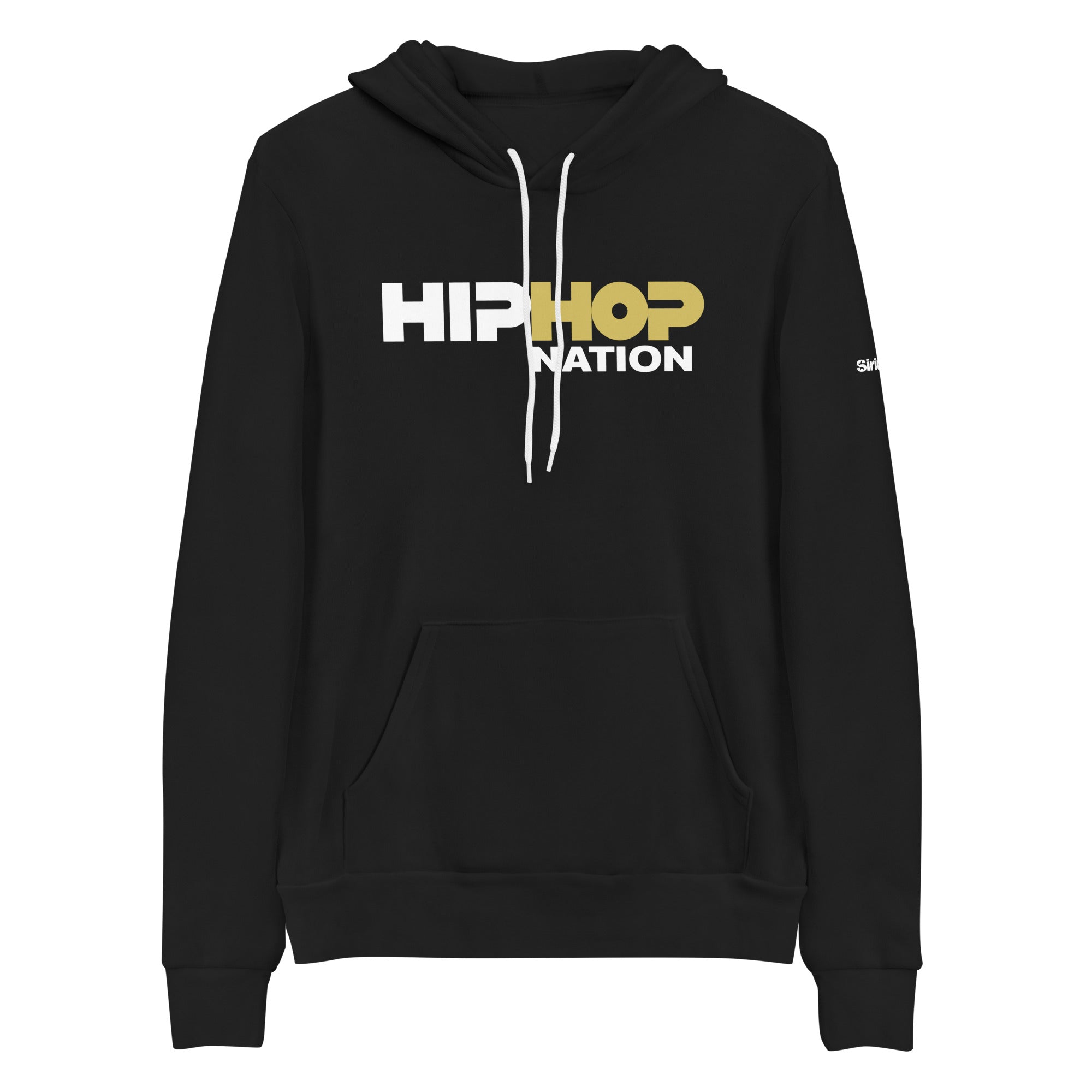 Black hoodie featuring 'HIP HOP NATION' in bold white and gold lettering.