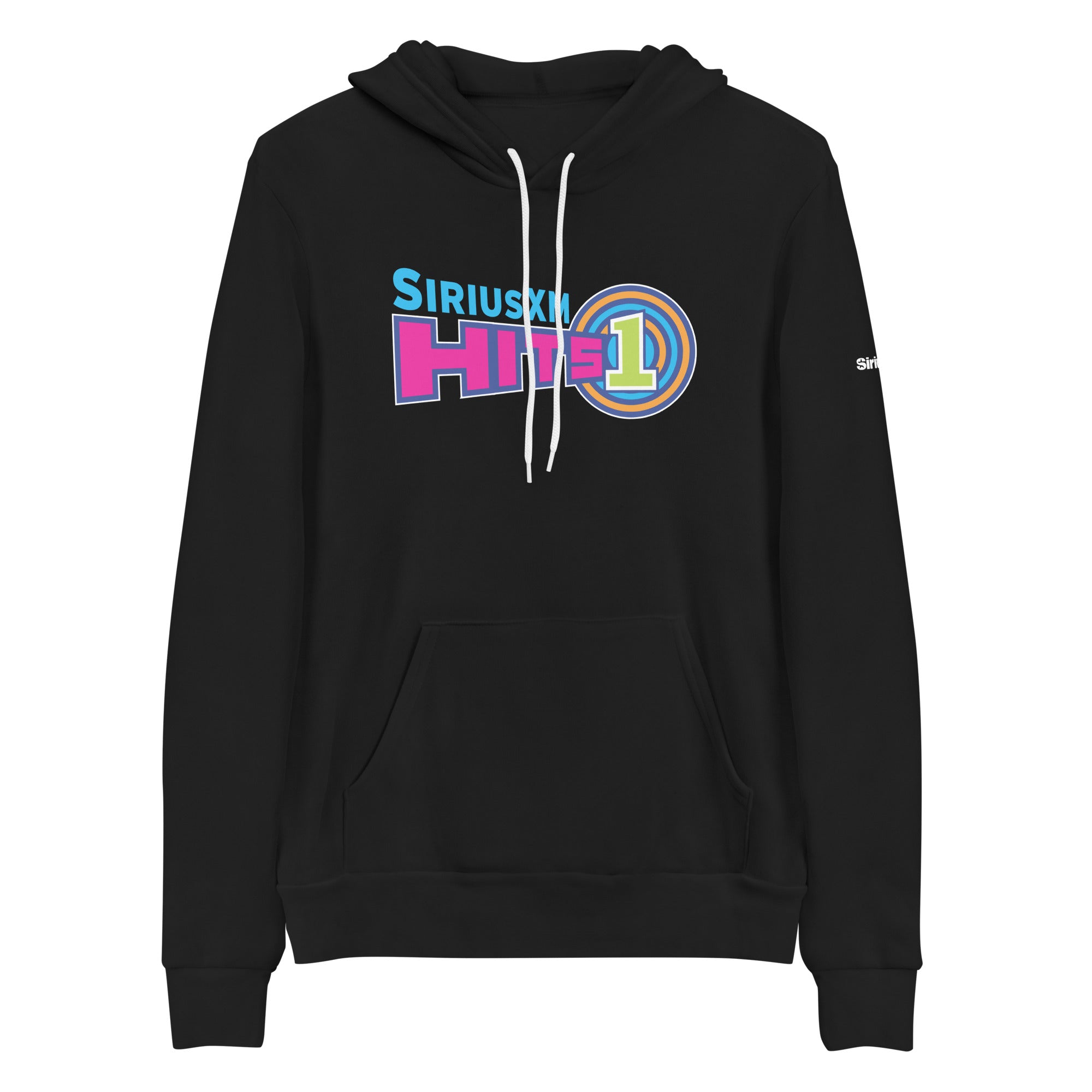 Black hoodie featuring vibrant 'SiriusXM Hits 1' logo in pink, purple, orange and vivid green on the front and a small 'SiriusXM' branding on the sleeve.