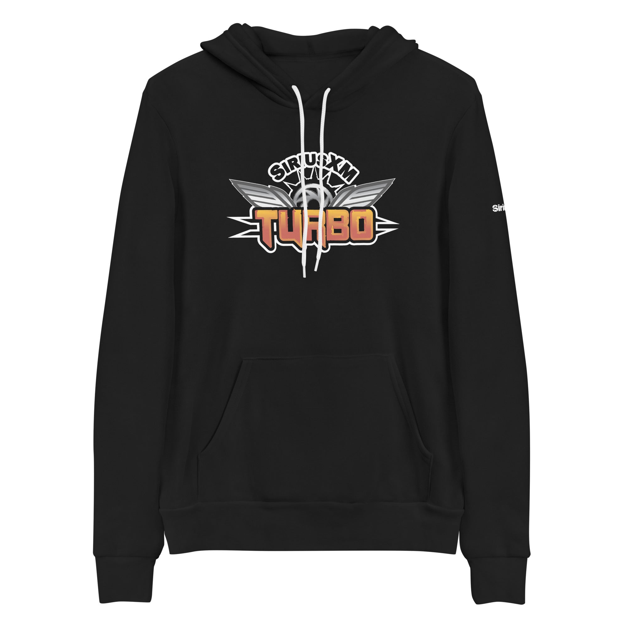 Black hoodie featuring the 'SIRIUSXM TURBO' logo in white and orange with wings and a front pocket.